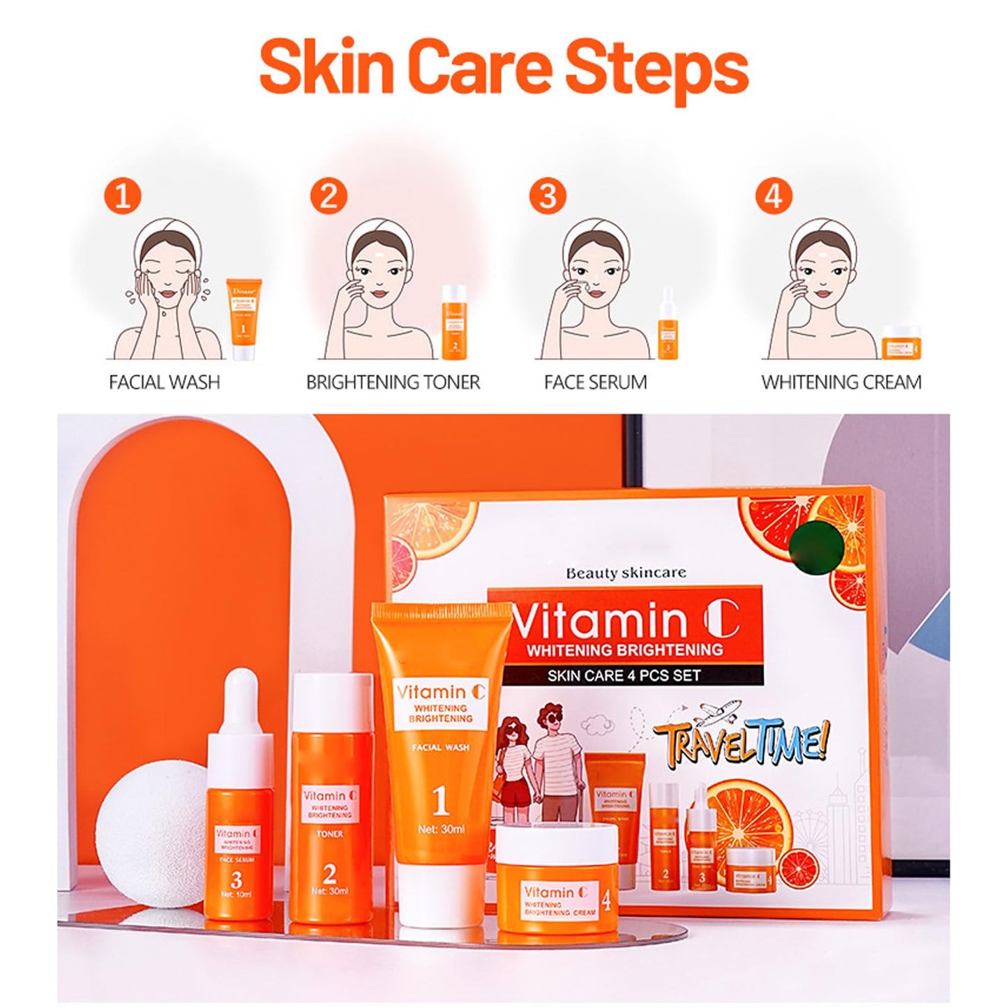 Set de Cuidado de la Piel con Vitamina C, Kit Facial Hidratante Iluminador, Reduce las Arrugas y Protege la Piel
