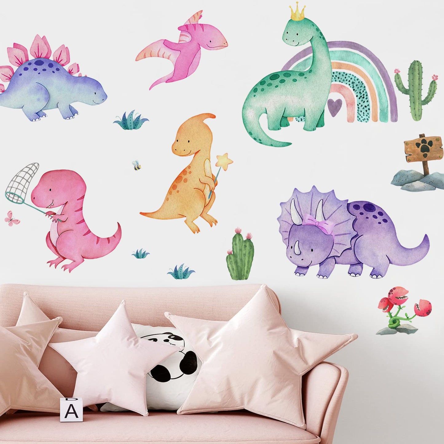 Yovkky - Calcomanías de pared de dinosaurios para niñas, decoración de cuarto de bebé, diseño de cactus de arcoíris, plantas tropicales, decoración del hogar, recámara de niños, sala de juegos