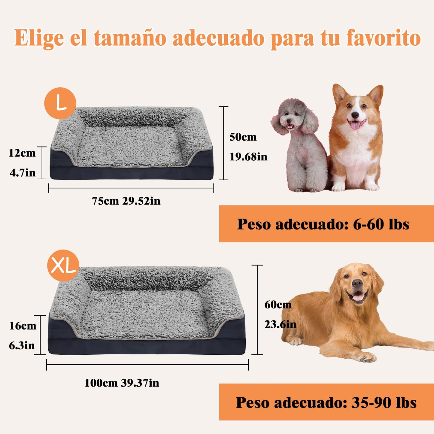 Lumewave Cama para Perro, Cama Ortopédica para Perros Extra Grandes, Cama L con Cojín Lavable, Sofá para Perros con Funda Removible y Fondo Antideslizante (Grandes Dimensiones, Gris)