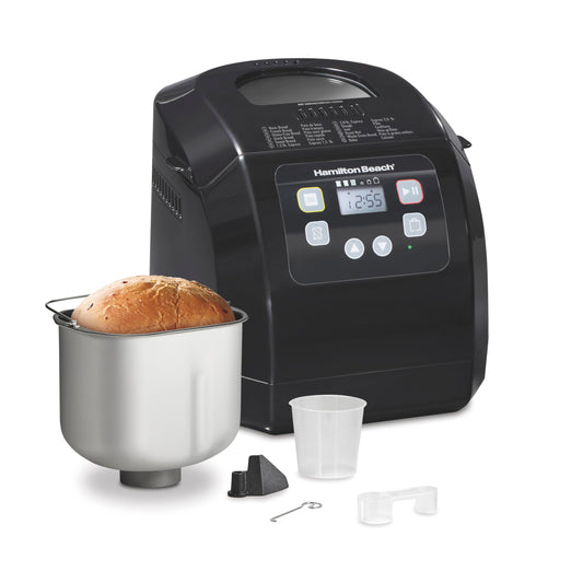 Hamilton Beach Máquina automática para hacer pan, digital, programable, 12 ajustes + sin gluten, sartén antiadherente sin PFAS + paleta de amasamiento, capacidad de 2 libras, color negro
