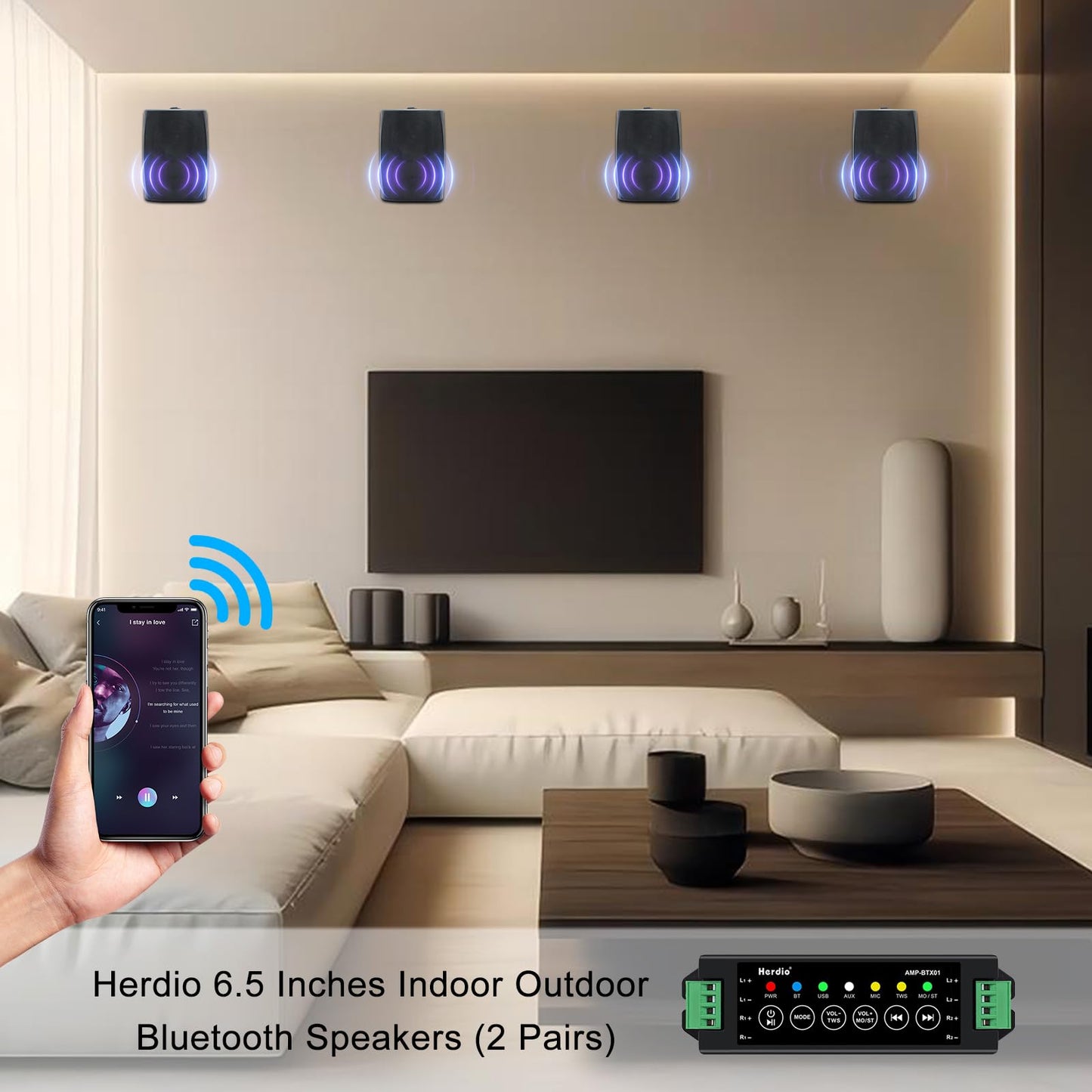 Herdio - Altavoces Bluetooth para Exteriores, de 6.5 Pulgadas, 800 W, con Cable, Impermeable, con Amplificador Multifuncional, Altavoz de Montaje en Pared, para Patio, hogar, Piscina, terraza, Patio