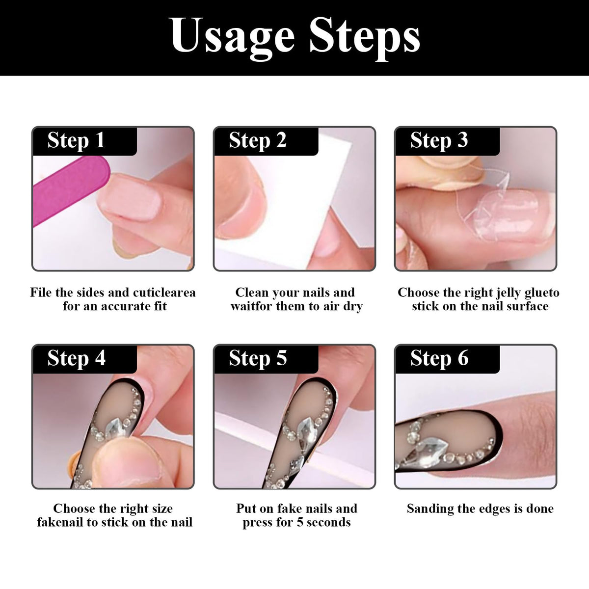 AHDSGJH 24 uñas postizas góticas con punta de aguja larga y diseño de diamantes de imitación negros degradados, de larga duración, cobertura total, pegamento brillante, decoración artística para mujer