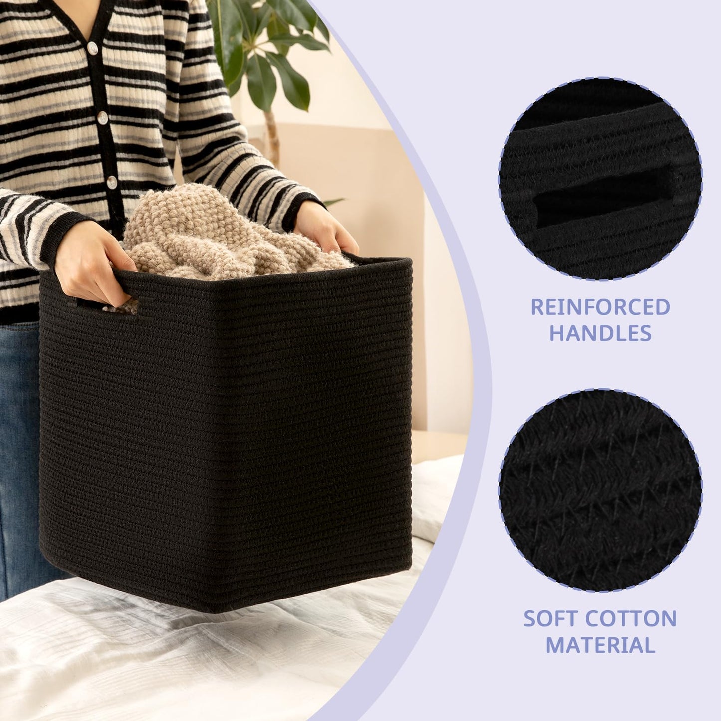 OIAHOMY - Cestas tejidas de cuerda de algodón para organizar, 13 x 13 pulgadas, paquete de 2 unidades, color negro