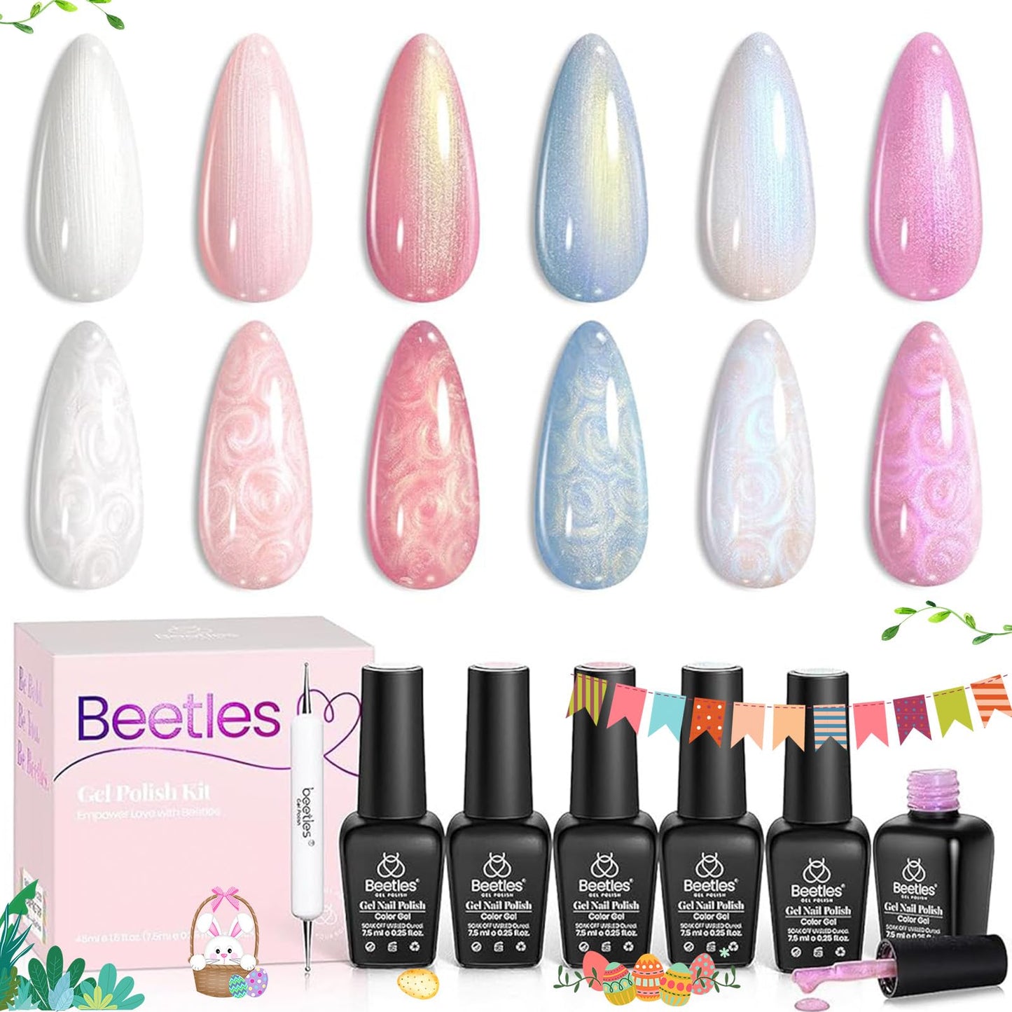 Beetles Gel Polish 6 Colores Brillo Perlado Blanco Rosa Azul Esmalte Uñas Gel Sirena Soak Off UV LED Primavera Verano Gel Remolino Efecto Hilo DIY Manicura Arte