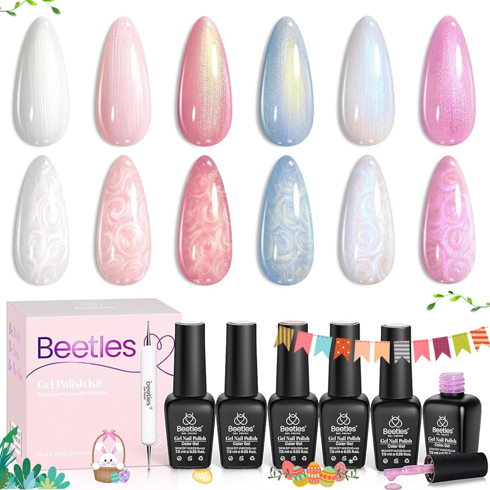 Beetles Gel Polish 6 Colores Brillo Perlado Blanco Rosa Azul Esmalte Uñas Gel Sirena Soak Off UV LED Primavera Verano Gel Remolino Efecto Hilo DIY Manicura Arte
