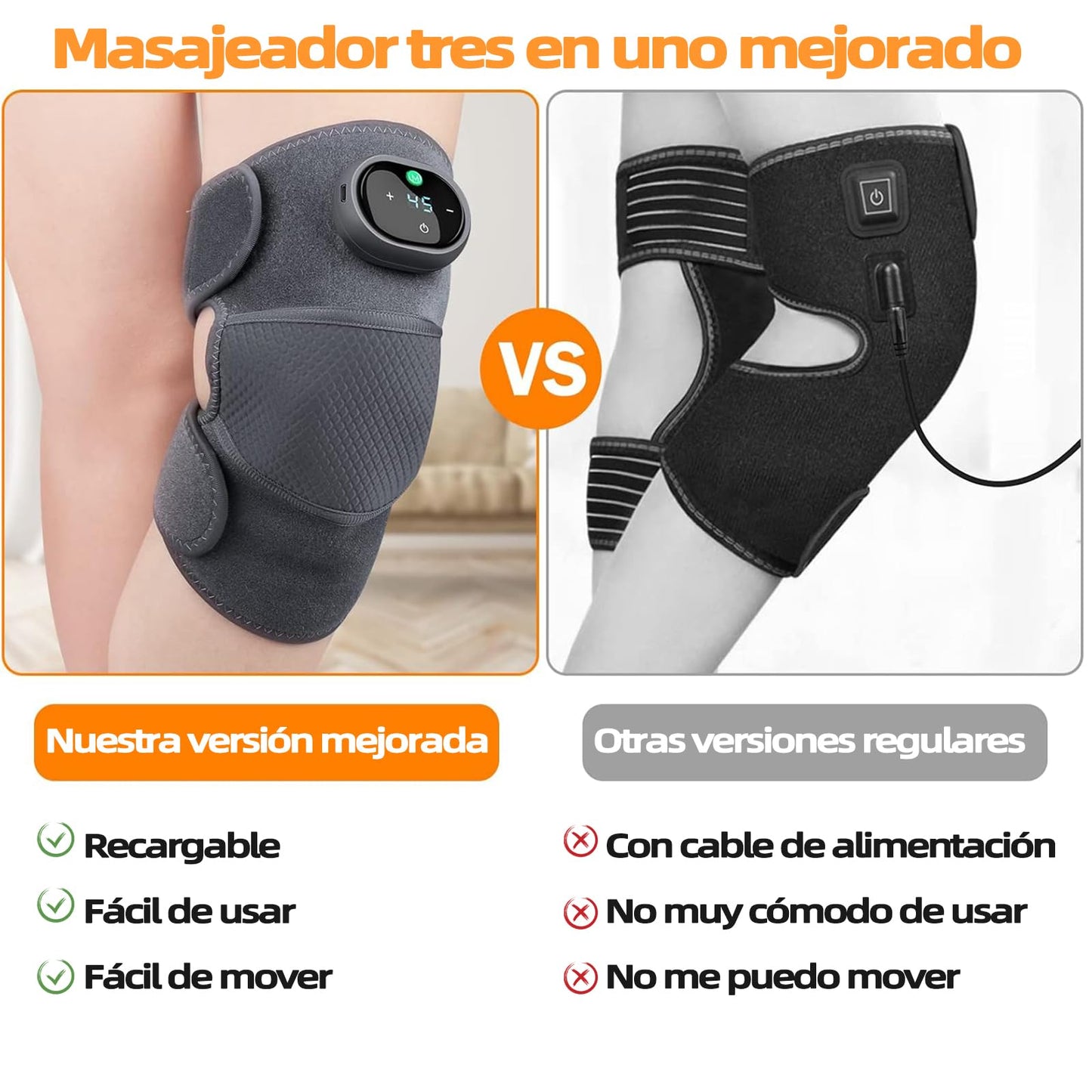 Masajeador de Rodilla 3en1 Calentado Recargable Vibración y Calor Ajustable para Artritis y Dolor