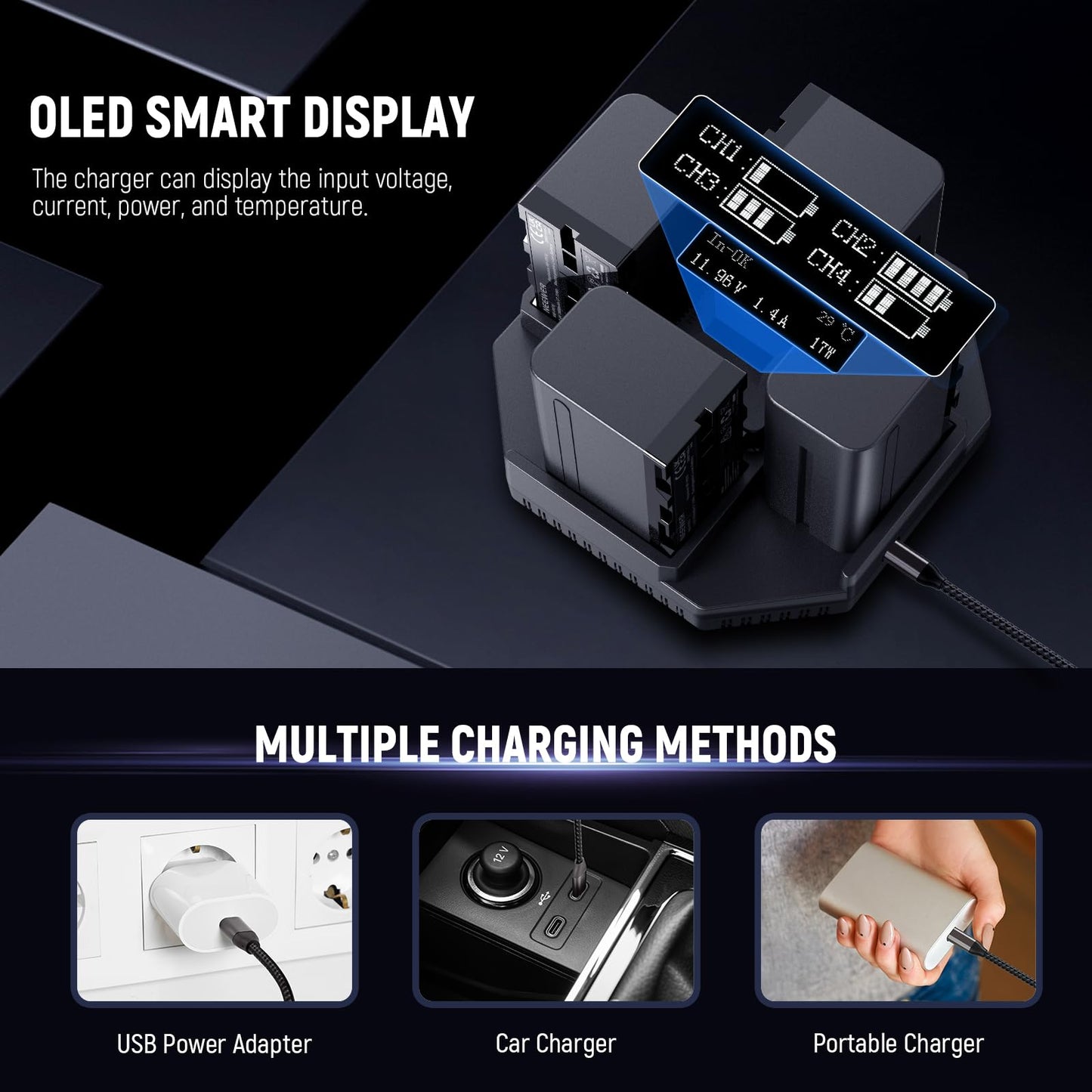 Paquete de Baterías de Repuesto NEEWER NP-F970 Beige con Cargador Rápido OLED para Videocámara, Handycam Luz LED Monitor