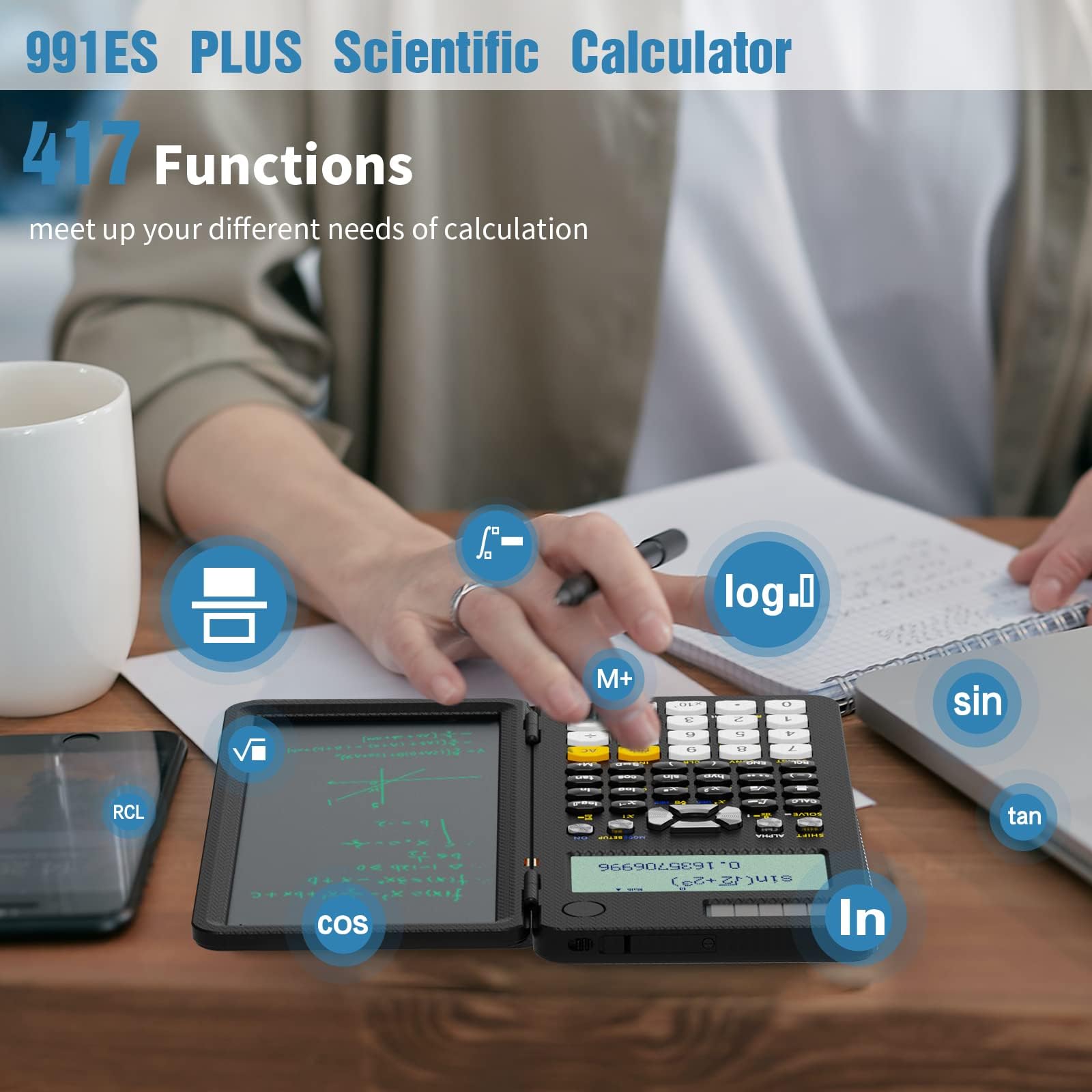 Calculadora Científica ROATEE Multivista 4 Líneas con Tablet de Escritura LCD Borrable Energía Solar para Escuelas y Empresas