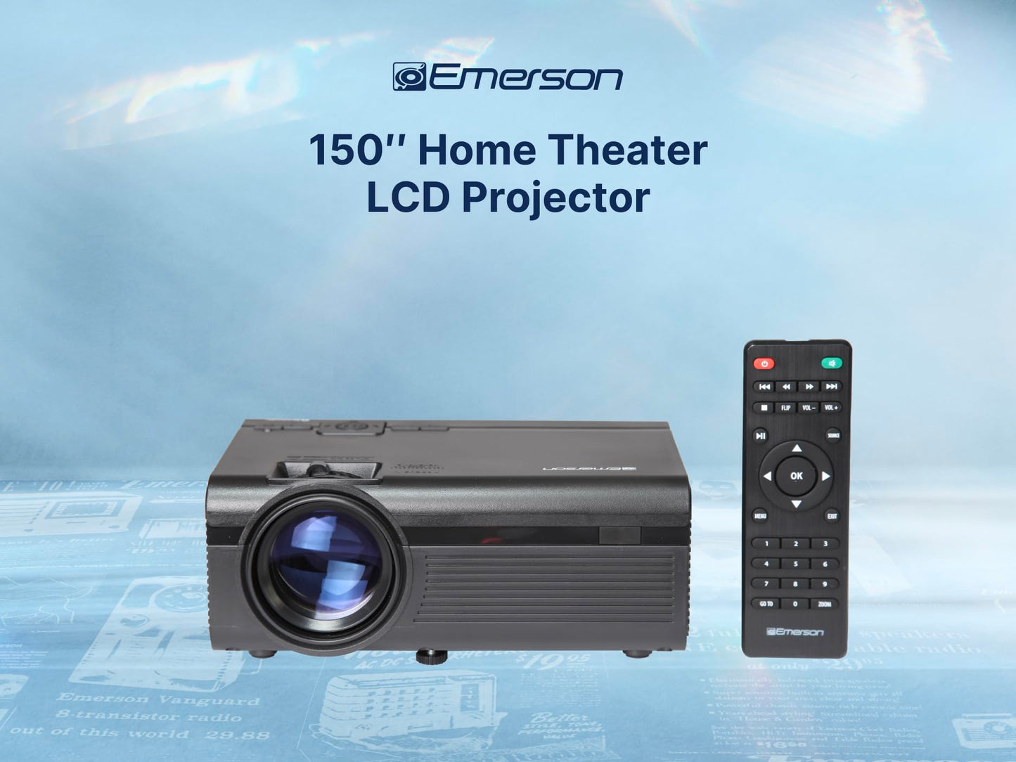 Emerson EVP-1000 Proyector LCD portátil de Cine en casa de 150 Pulgadas con entradas HDMI y USB, conectividad Bluetooth, Altavoz estéreo, Control Remoto, Ideal para Interiores y Exteriores