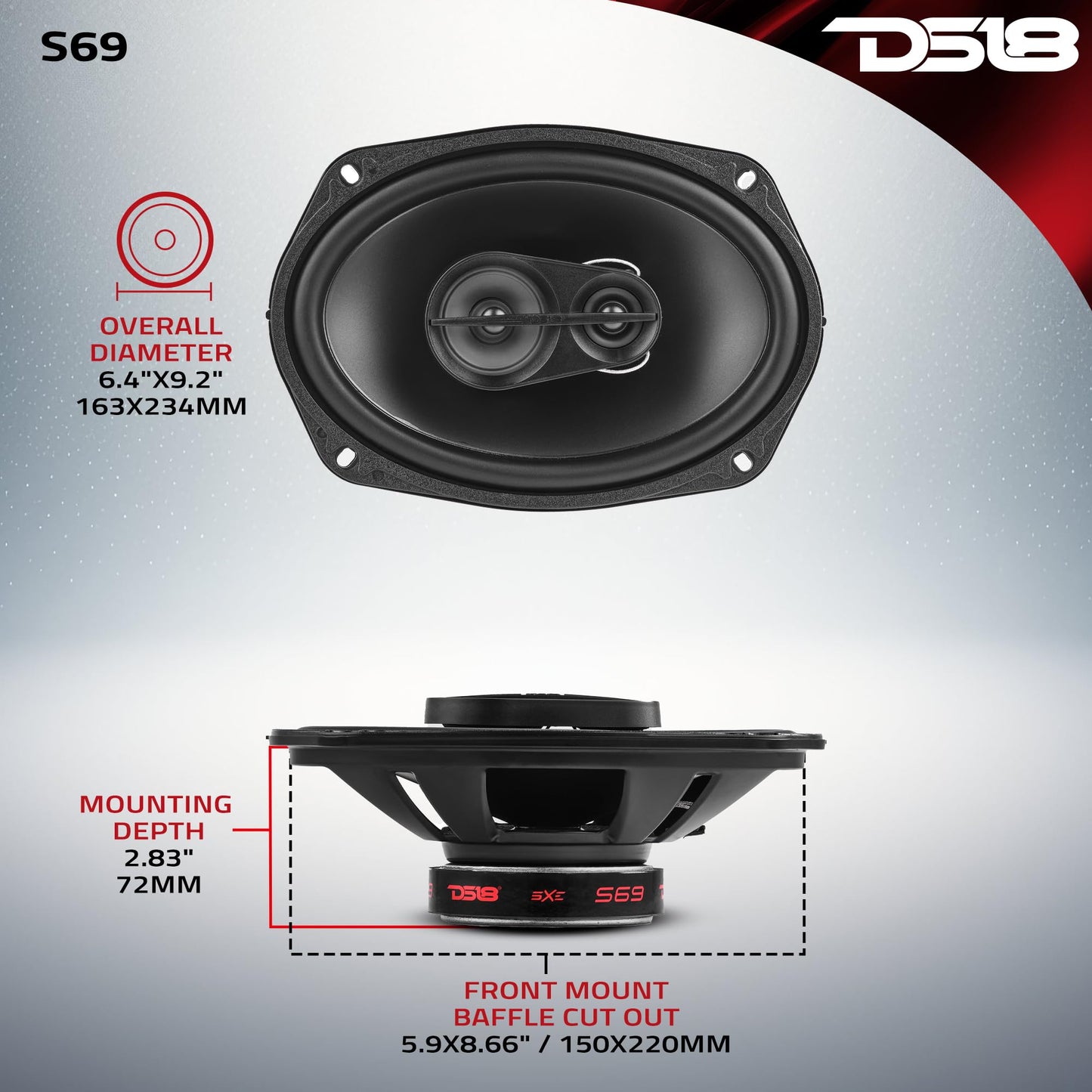 DS18 S69 Select - Altavoz coaxial de 3 vías de 6 x 9 240 vatios 4 ohmios, parrilla incluida, altavoces de audio de 3 vías, actualización perfecta del OEM, fácil instalación, altavoces de coche de 6 x