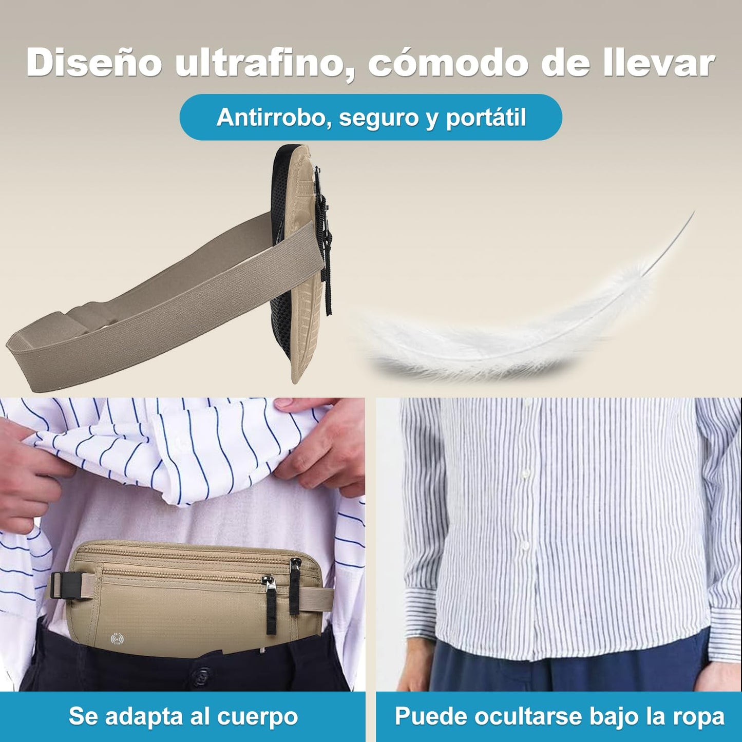 Cinturón de Viaje con Tecnología Bloqueo RFID, Cangurera Mujer y Hombres con Soporte Delgado para Pasaporte y Cremallera Invisible, Riñonera para Viaje, Deporte, Running, Ejercicio (Caqui)