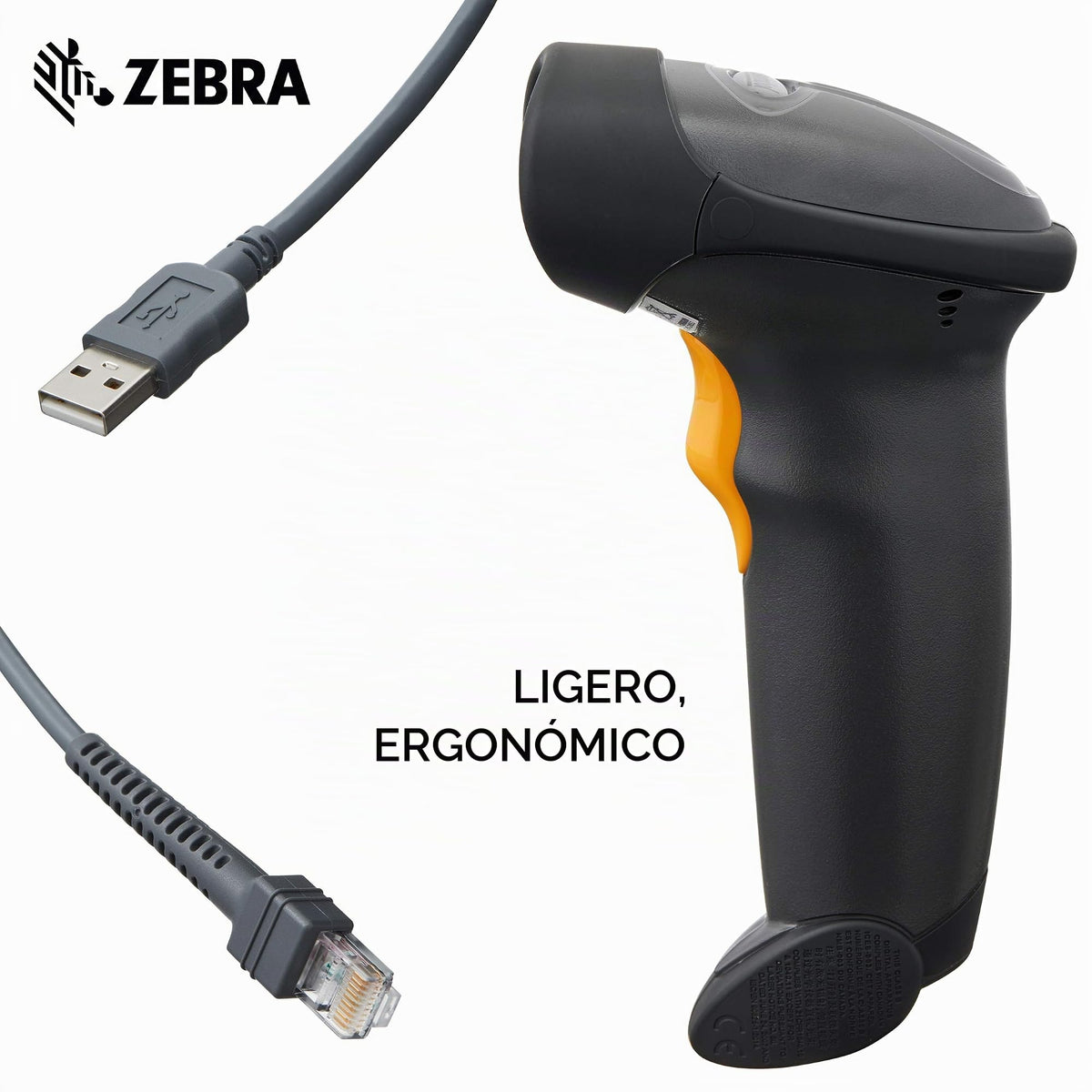 Escáner Láser de Mano Zebra Negro Crepúsculo con Cable y Soporte de Cuello de Cisne