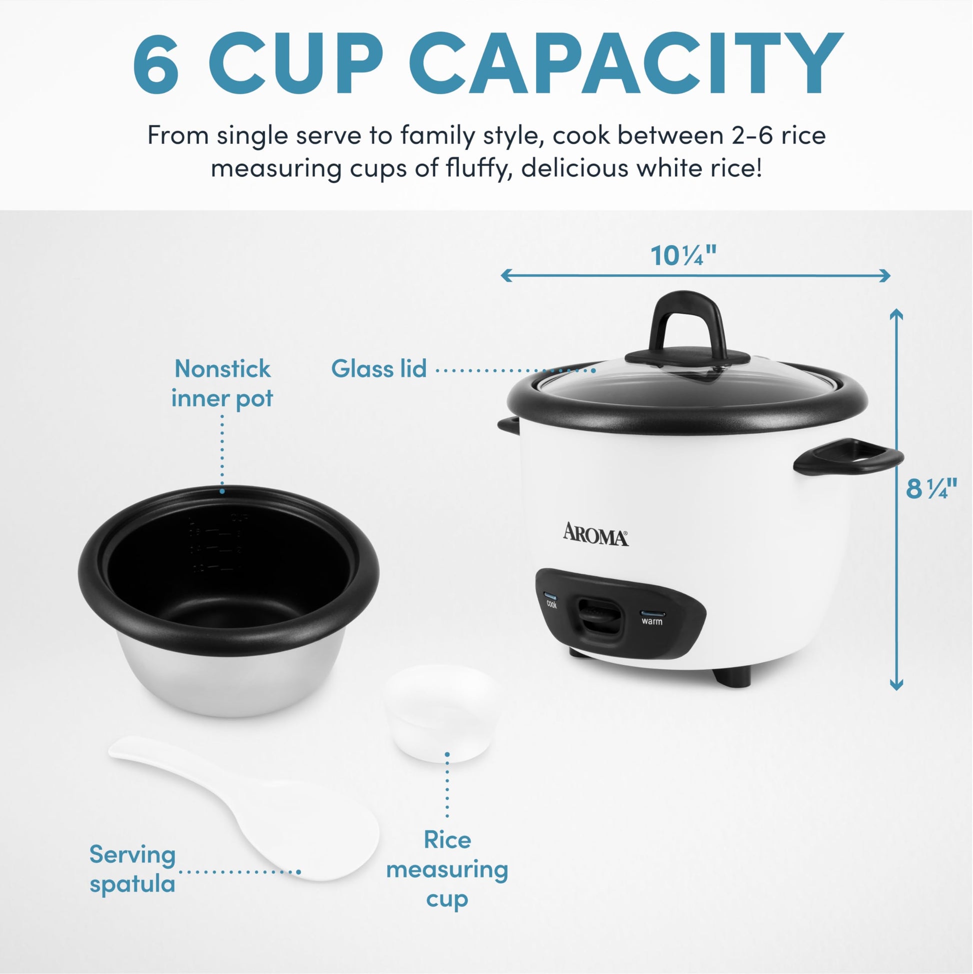 Aroma Housewares Arrocera estilo olla de 6 tazas (cocinada) (3 tazas sin enfriar) (ARC-743G), color blanco