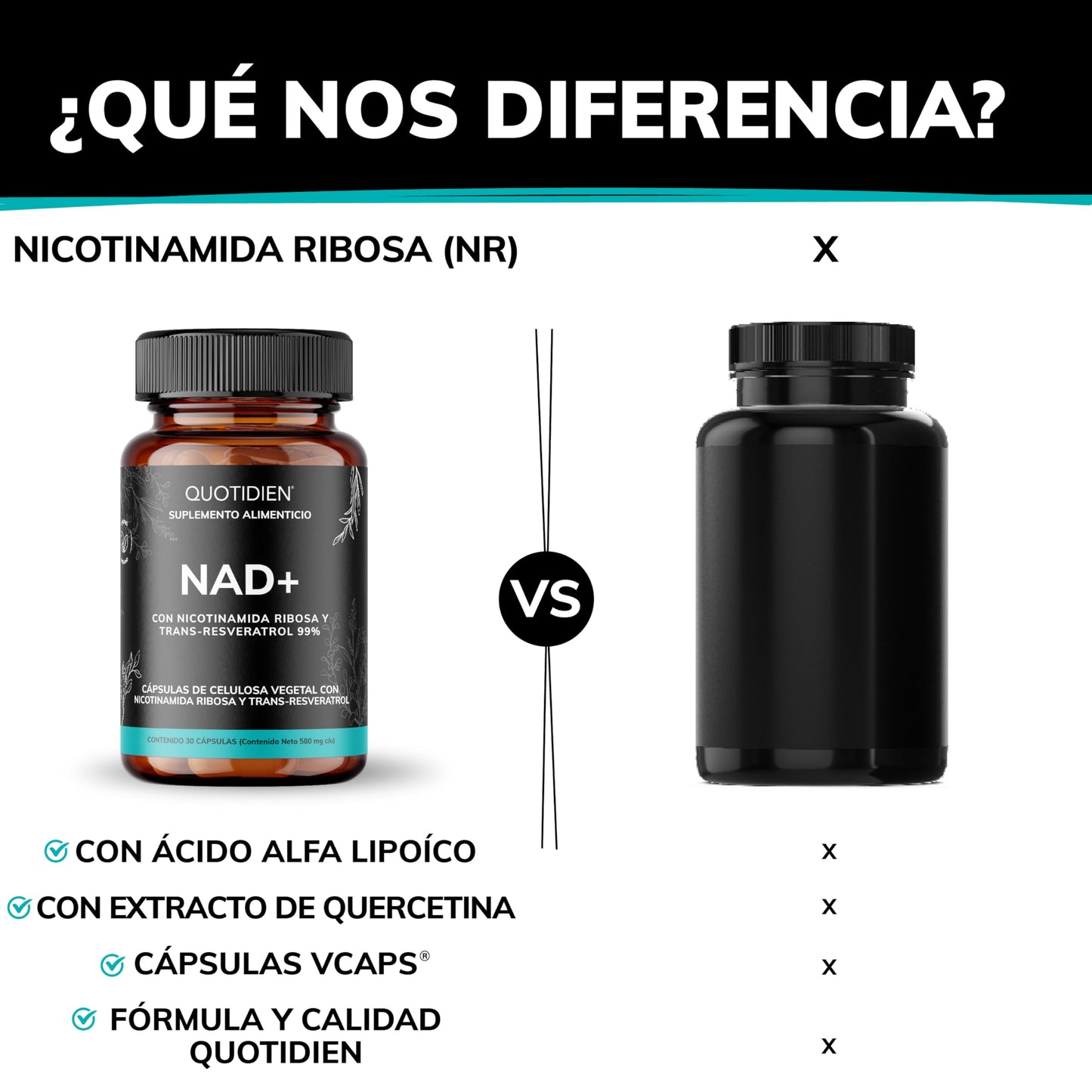 Suplemento NAD+ Quotidien con Nicotinamida Ribosa, Trans-Resveratrol, Ácido Alfa Lipoico y Quercetina