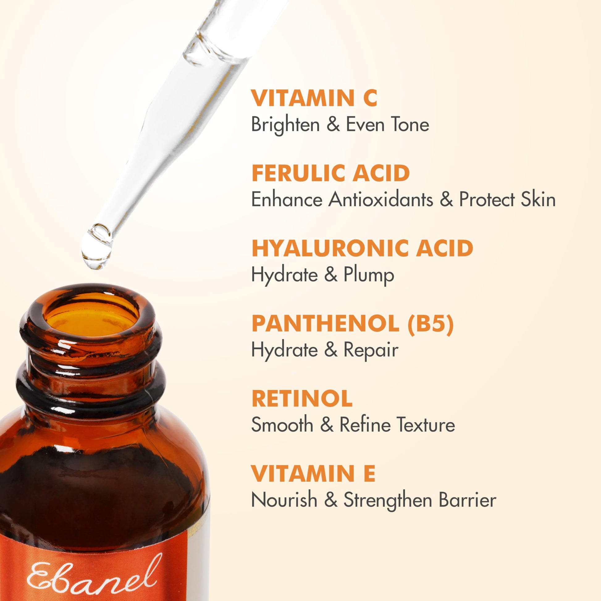 Ebanel 20% Vitamin C Face Serum with Hyaluronic Acid,1oz Max Strength Anti-Aging Anti-Wrinkle Ascorbic Acid Facial Serum Antioxidant with Collagen for Dark Spot,Fine Line,Skin Brightening and Firming