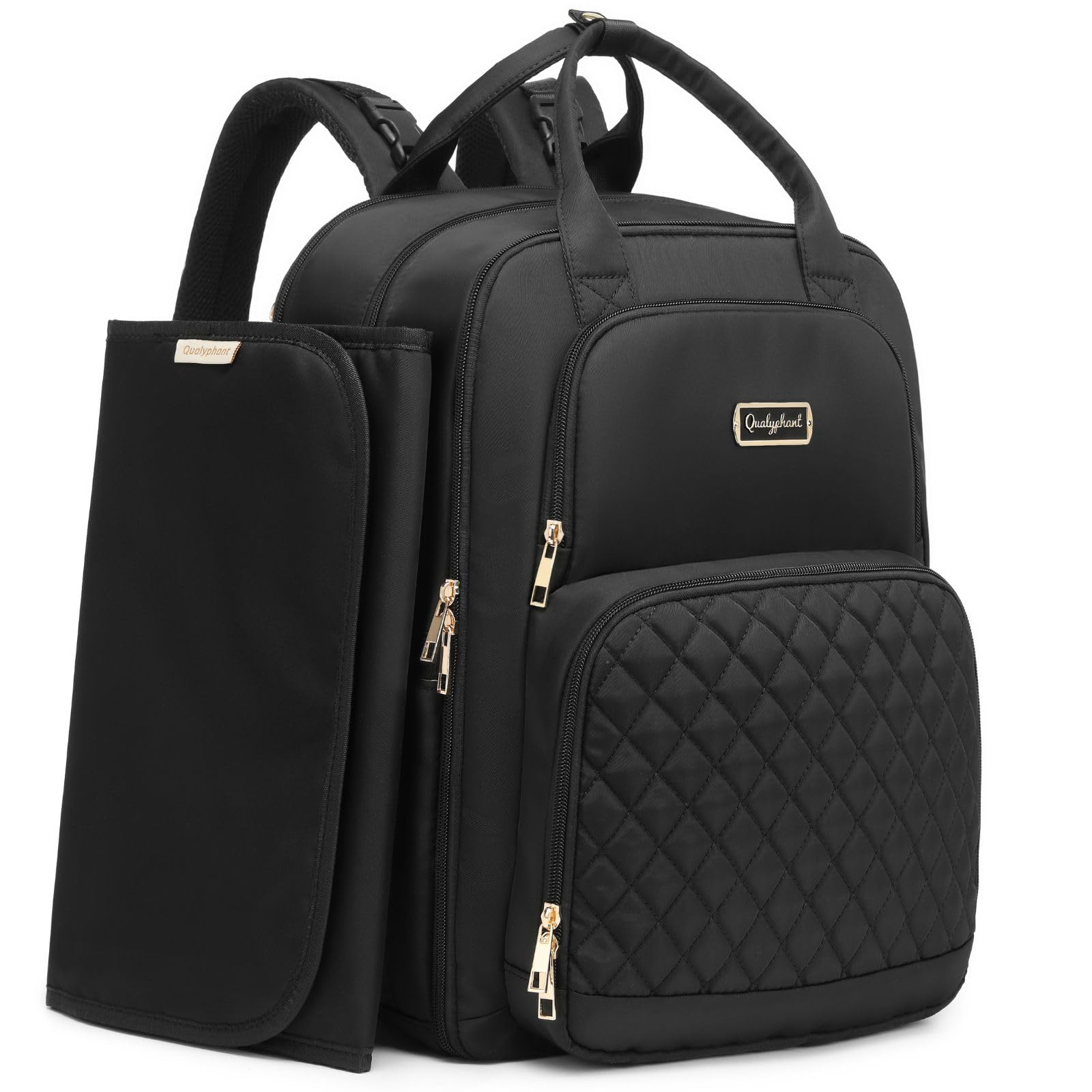 Qualyphant - Mochila de pañales extra grande para 2 niños gemelos (Expandible de 30-38L) - Mochila de viaje para bebé con cambiador para mamá o papá (Acolchada, resistente al agua, color negro)