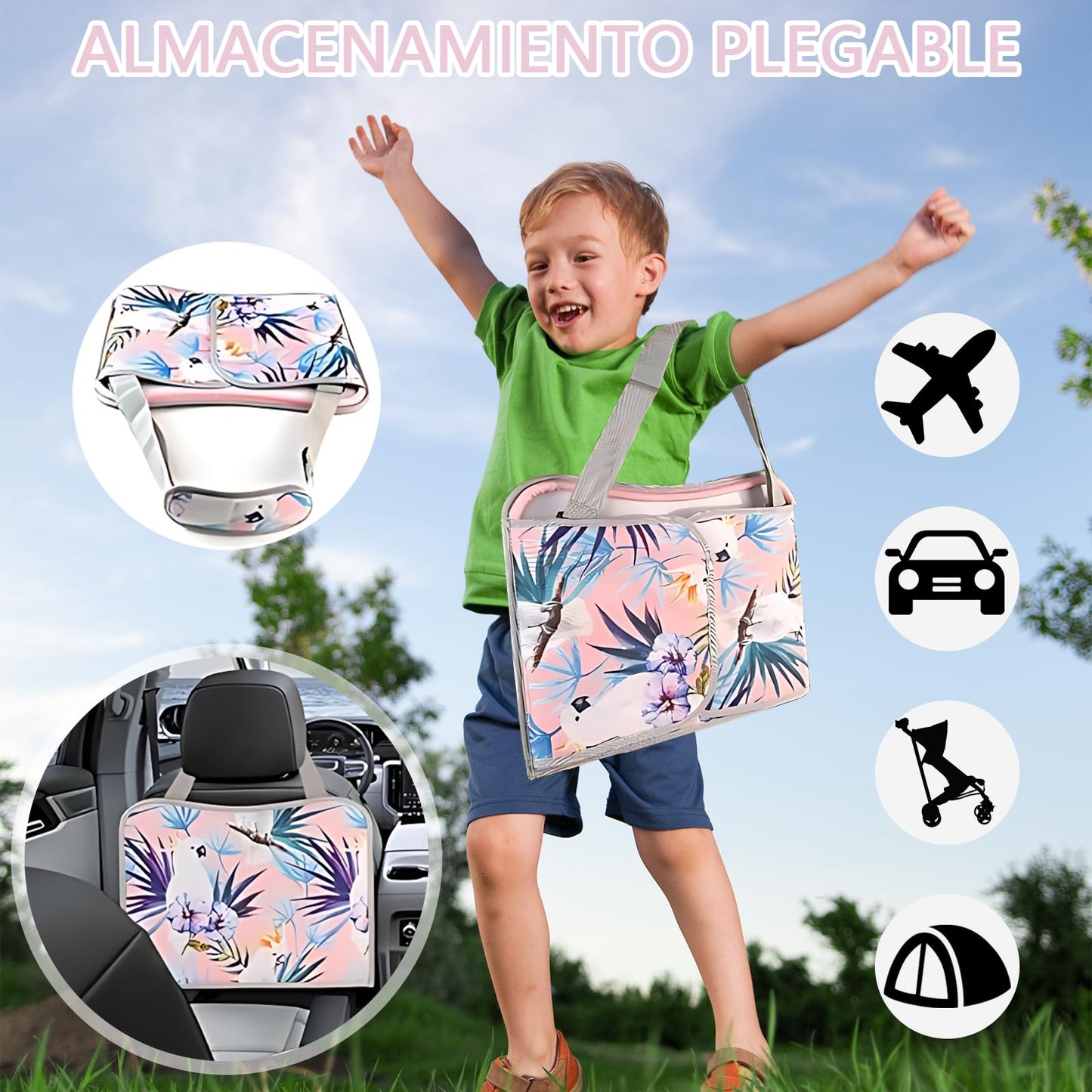 TDVCVZSD Mesa de actividades de viaje para niños,bandeja para asiento automóvil,con kit de pintura y bolsa almacenamiento,plegable y con almacenamiento,imprescindible para viajar automóviles y aviones (Selva tropical + Dragón rojo)
