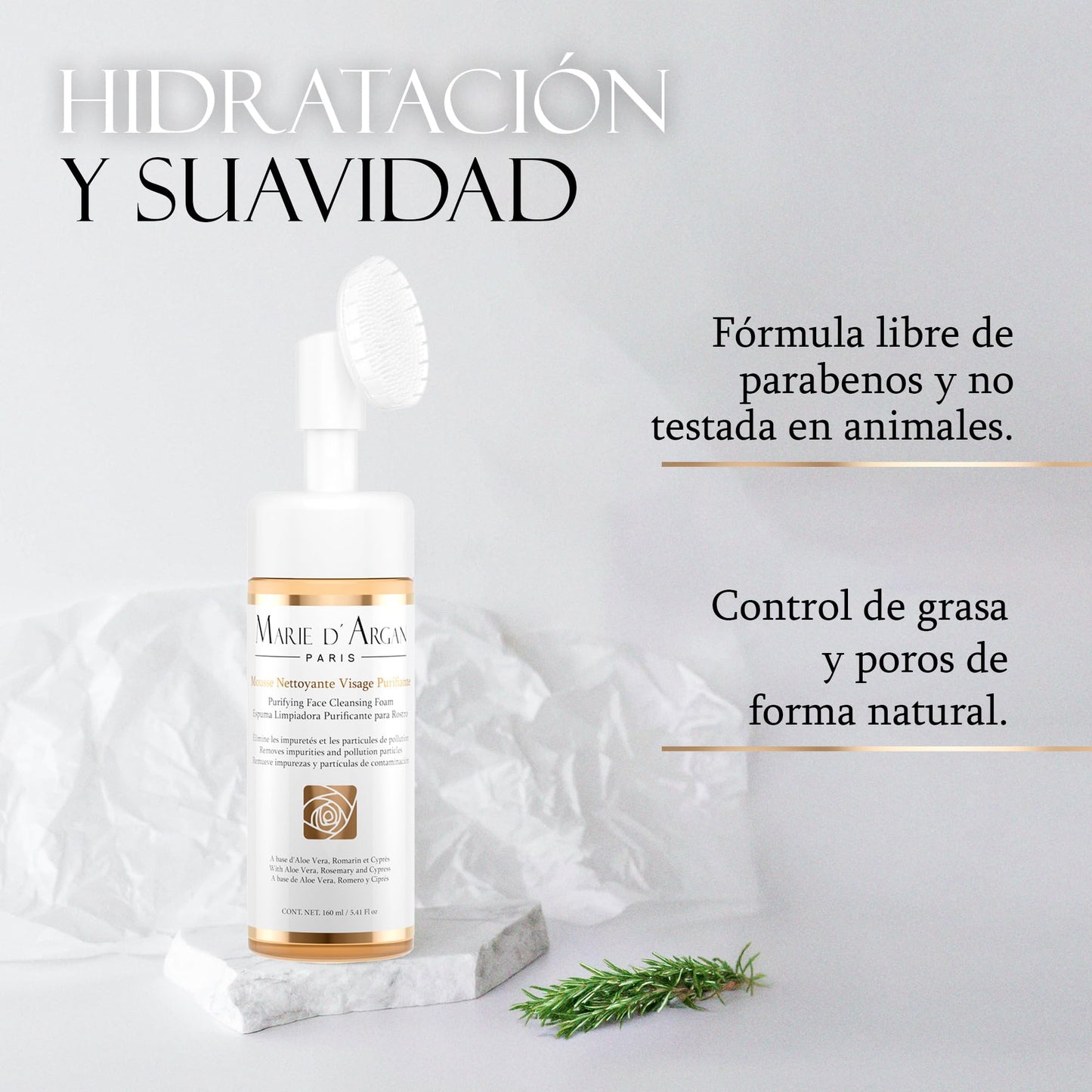 MARIE D' ARGAN Espuma Limpiadora Facial Purificante 150ml, Remueve Impurezas, Controla Grasa Y Poros, Con Aloe Vera, Romero Y Ciprés, Libre De Parabenos, Unisex Para Piel Sensible Mixta O Grasa