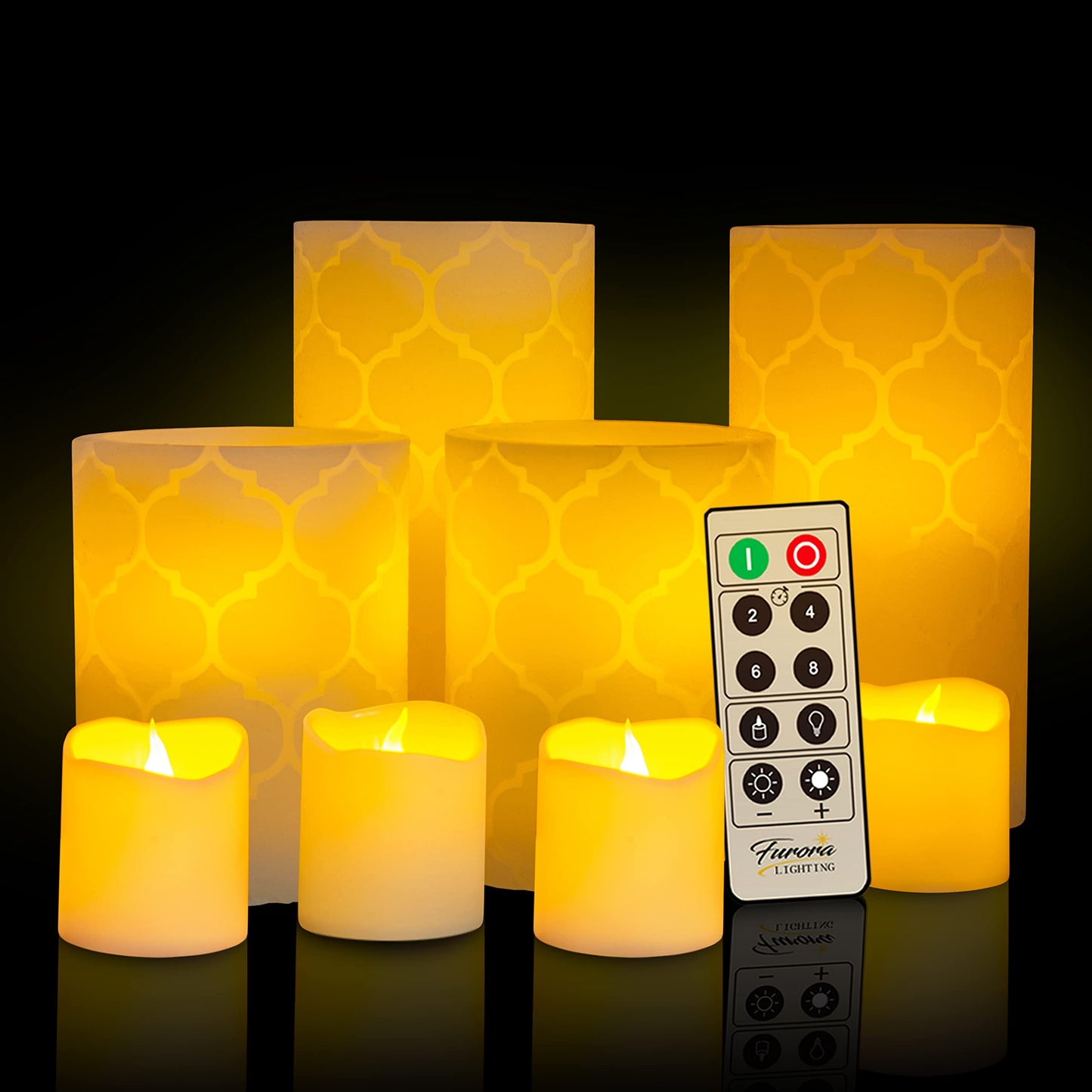 Furora Lighting - Velas LED de cera real, control remoto y temporizador, paquete de 8 (4 pilares y 4 votivas), velas sin llama con parpadeo para decorar el hogar, incluye pilas, marfil, (Ivory Nordic)