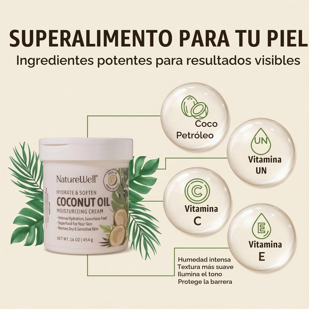 NatureWell Crema Humectante de Aceite de Coco Extra Virgen, 453.6 gr / 16 oz