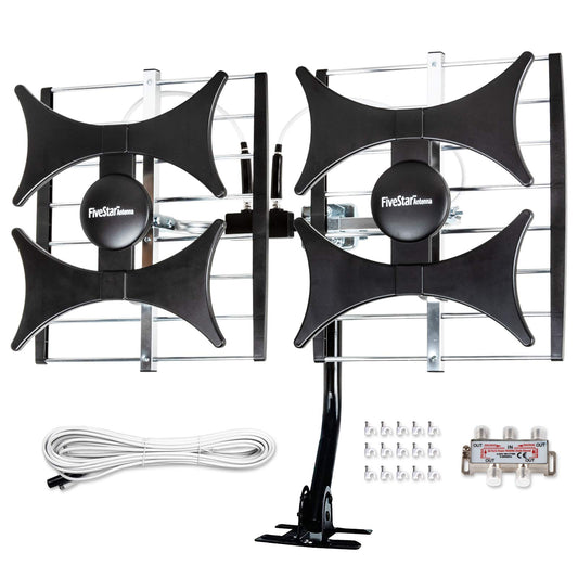 Five Star - Antena multidireccional de 4 V HDTV – alcance de hasta 200 millas, UHF/VHF, interior, ático, exterior, radio FM 1080P lista para 4K, compatible con 4 televisores Plus kit de instalación y