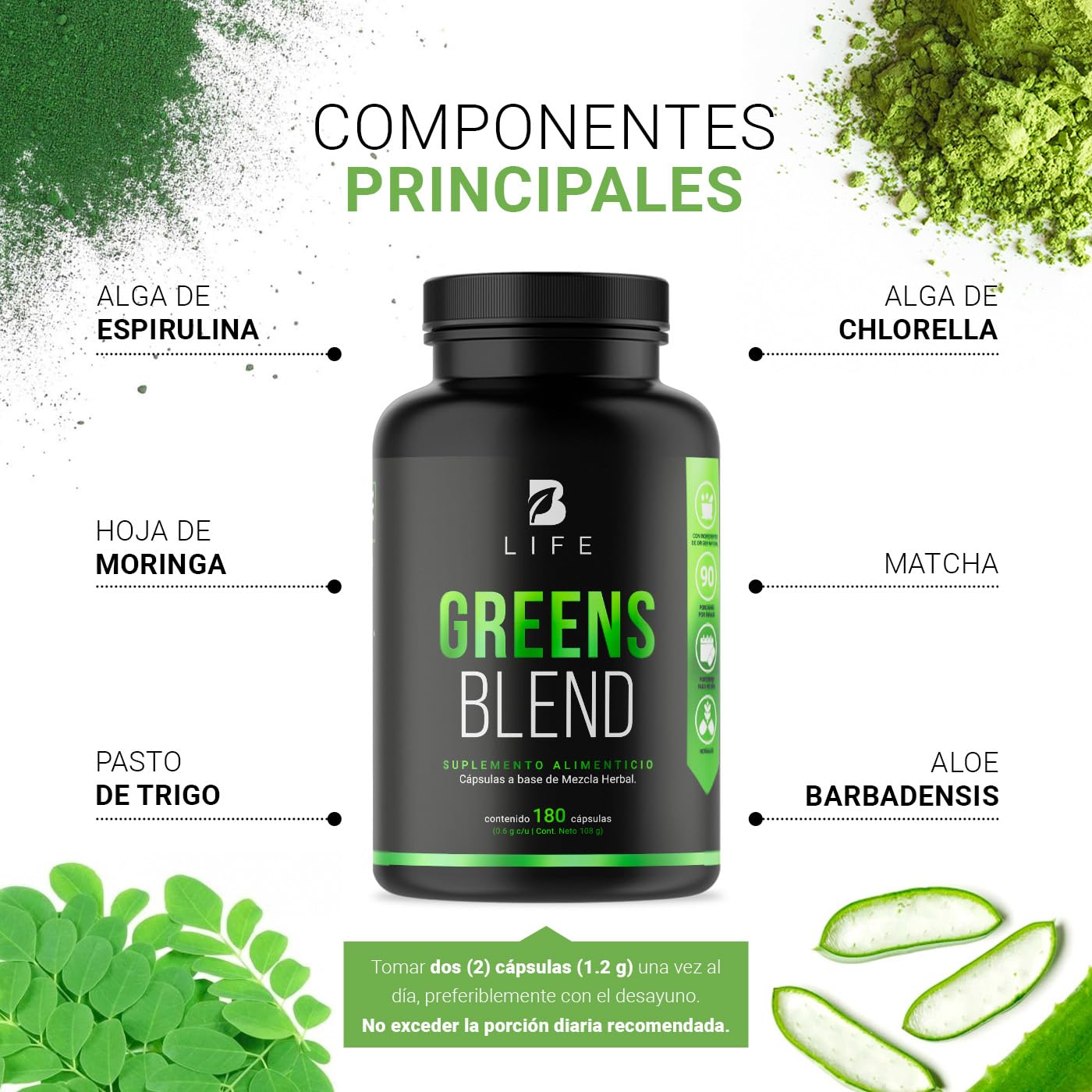 Greens Blend 180 Cápsulas. Ingredientes naturales: Espirulina, Moringa, Weathgrass Clorela, Matcha y Aloe Vera Mezcla Herbal. Greens Blend B Life.