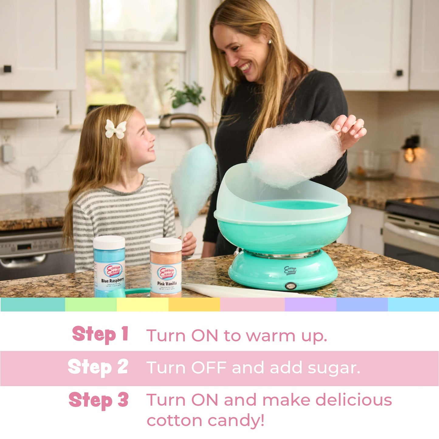 Máquina de algodón de azúcar Cotton Candy Express [rosa] | La mejor máquina de algodón de azúcar para uso doméstico | Máquina de algodón de azúcar con conos de papel a rayas incluidos y una cuchara de azúcar de hilo, Rosado claro, Machine with 3 Flavors,