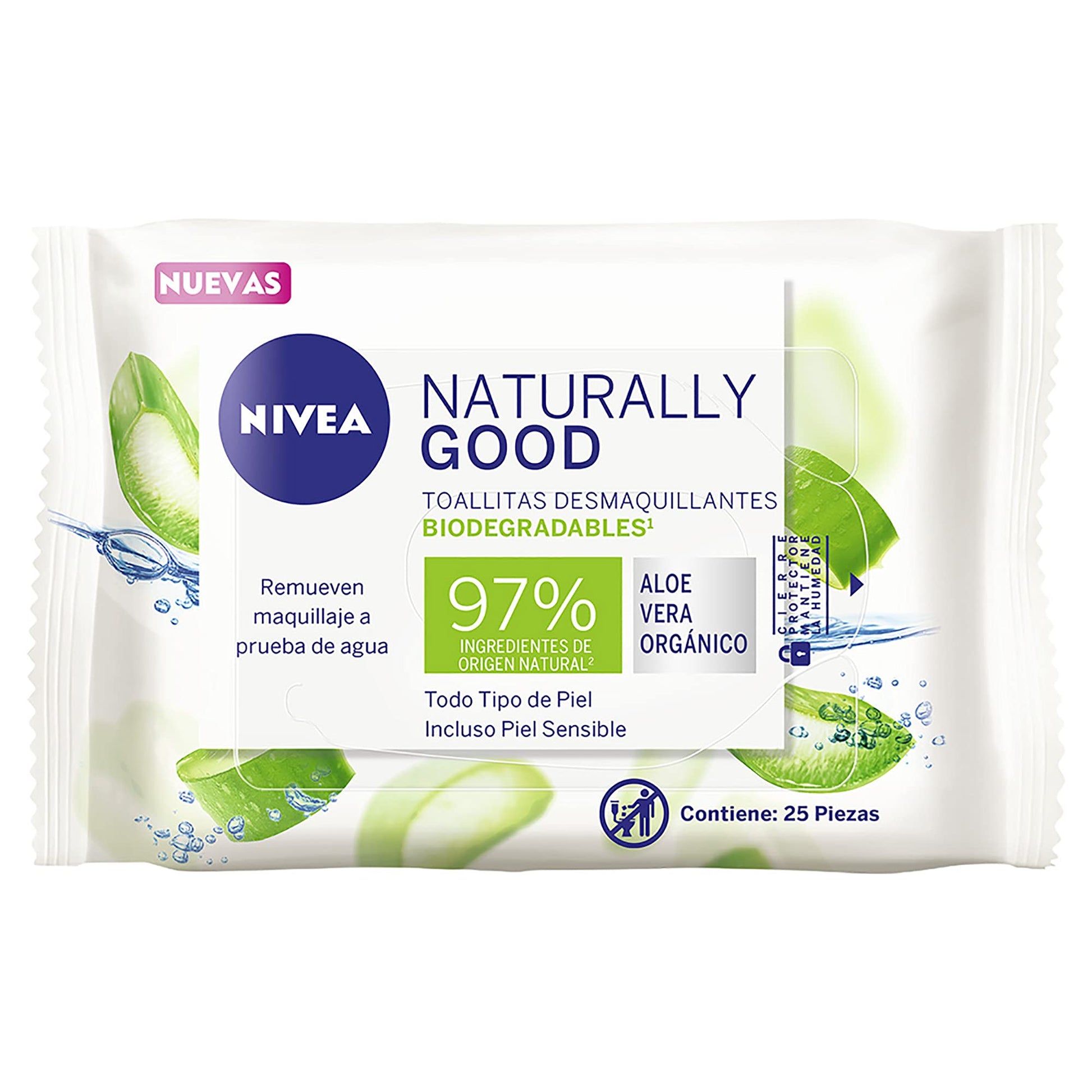 NIVEA Toallitas Faciales Desmaquillantes Biodegradables Naturally Good (25 piezas), Enriquecidas con Aloe Vera Orgánico, Remueven maquillaje a prueba de agua, ideal para Todo tipo de Piel