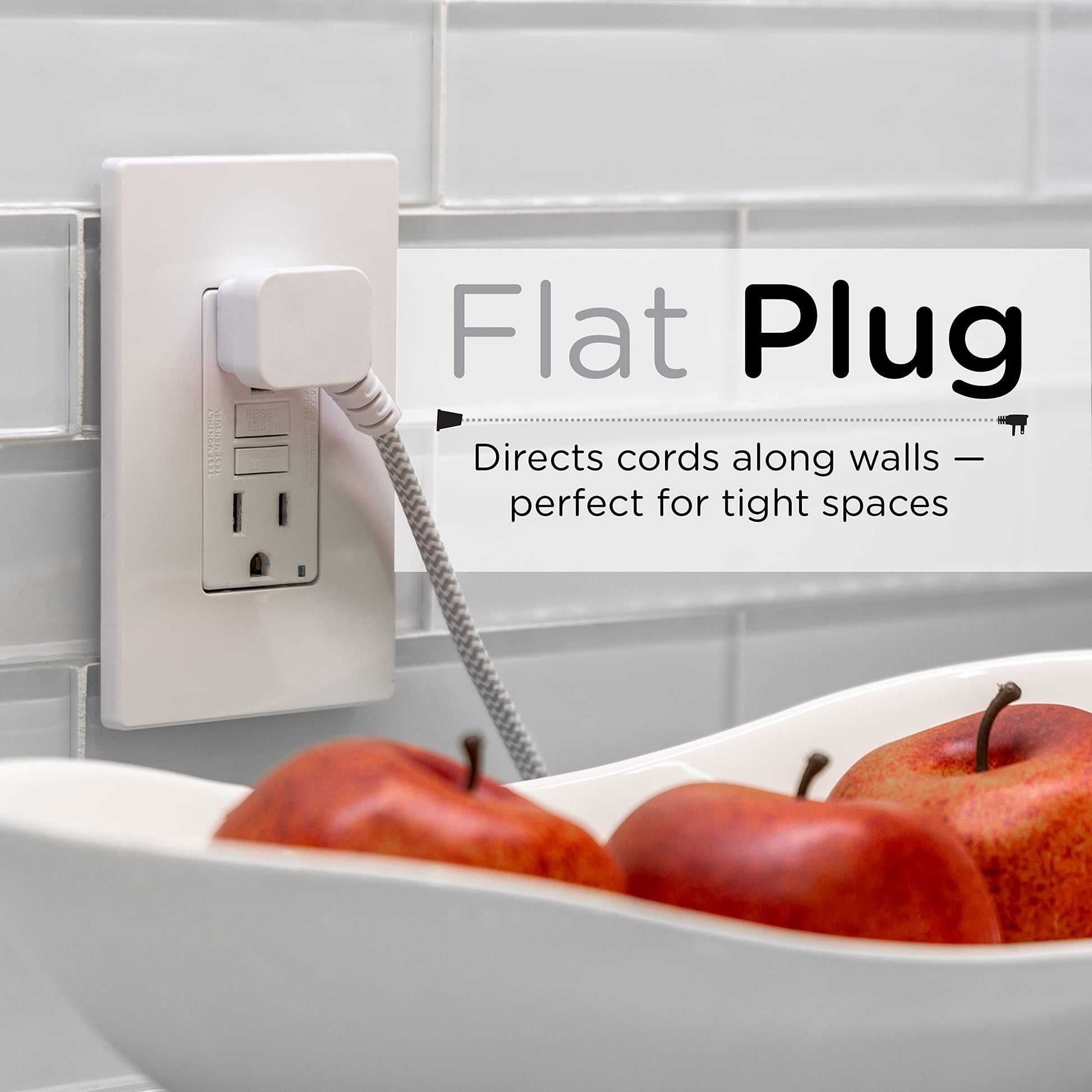 Cordinate Designer, Extension Electrica de 3 salidas polarizadas, Cable Trenzado de 4.5 m (15 pies), Sistema de Seguridad para Trabar, Enchufe Plano, Certificacion ETL, Blanco/Gris 1 paquete 43431-T1