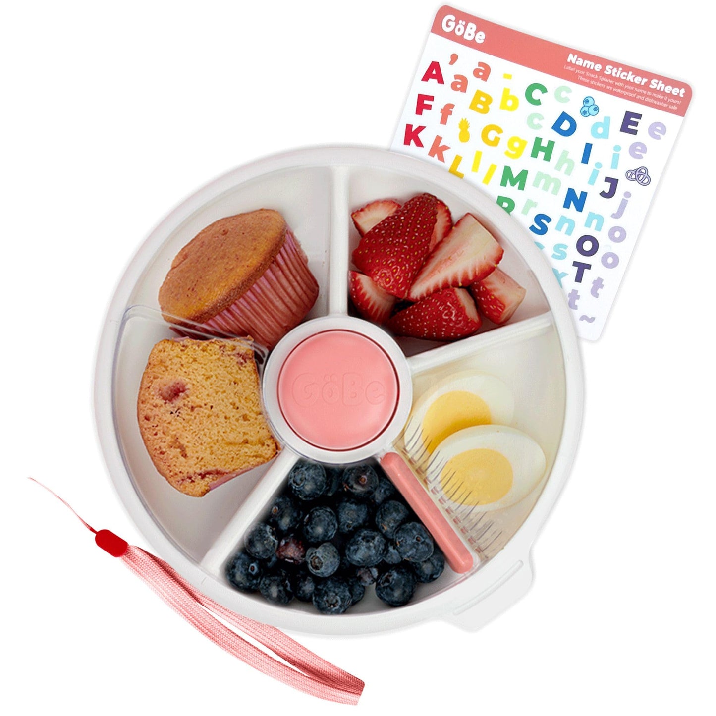 GoBe Kids - Paquete grande para aperitivos con correa de mano y hoja de calcomanía, contenedor reutilizable con dispensador de 4 compartimentos y tapa, sin BPA/PVC, apto para lavaplatos, sin derrames