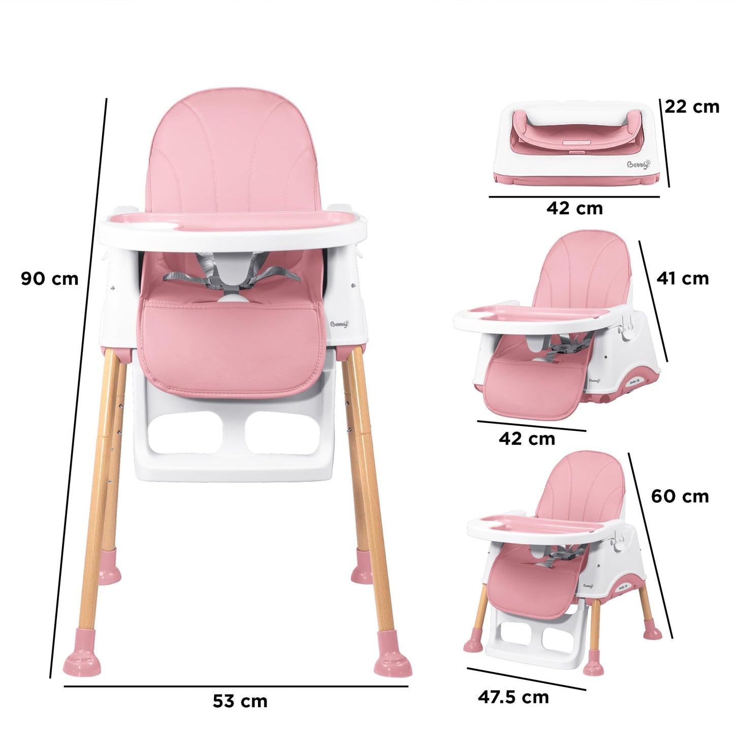 BEBBLY Silla Alta para Bebé con Patas de Madera Antiderrapante Asiento Ergonómico con Charola y Arnés de Seguridad Ideal para Comer o Jugar Niños y Niñas desde 6 Meses Moderna y Fácil de Limpiar
