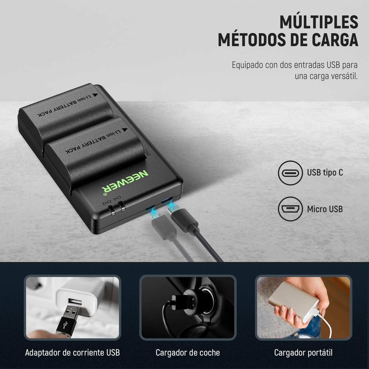 Paquete de 2 Baterías de Repuesto NEEWER LP-E6P/LP-E6NH/LP-E6N/LP-E6 Compatible con Canon EOS R5 R6 R7 5D II III IV 6D II y Cargador Dual USB