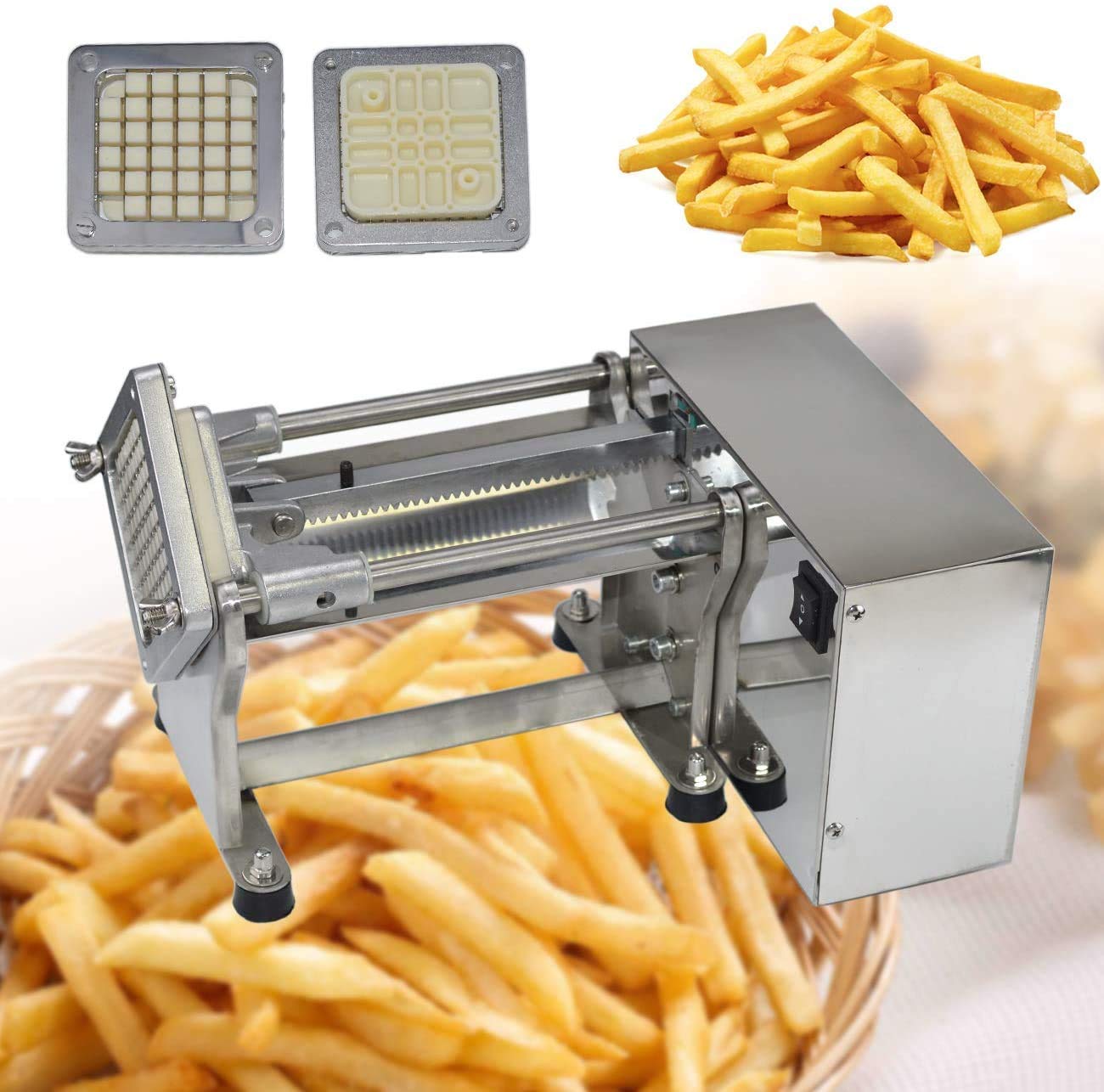 Cortadora de Patatas NJTFHU Acero Inoxidable Eléctrica con Cuchillas Reemplazables para Uso Comercial Industrial