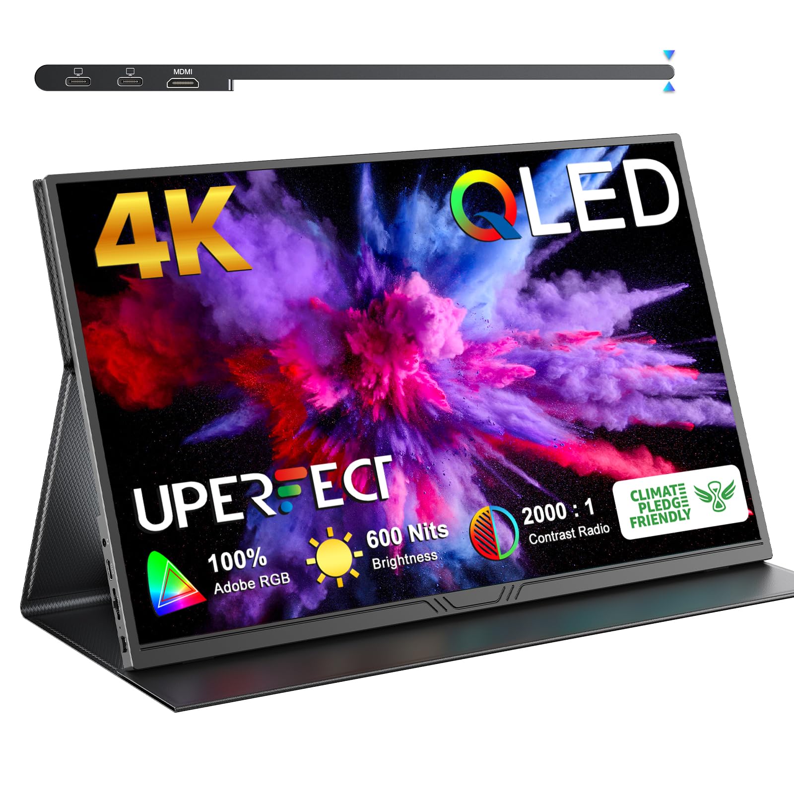 UPERFECT True 4K Monitor portátil, [nueva versión] UHD IPS 3840 x 2160 USB C, marco de metal único de arco, 100% Adobe RGB 600 Nits brillo, altavoz HDR FreeSync HDMI Tipo-C OTG con funda inteligente