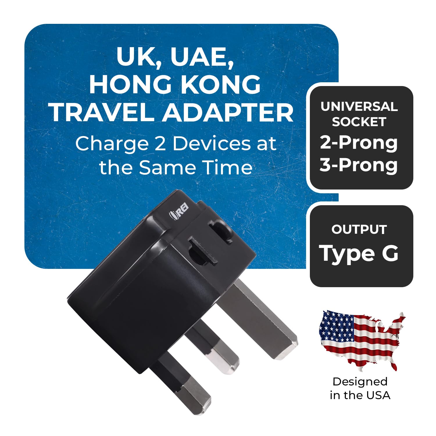 Adaptador Enchufe Tipo G Orei Negro Paquete de 2