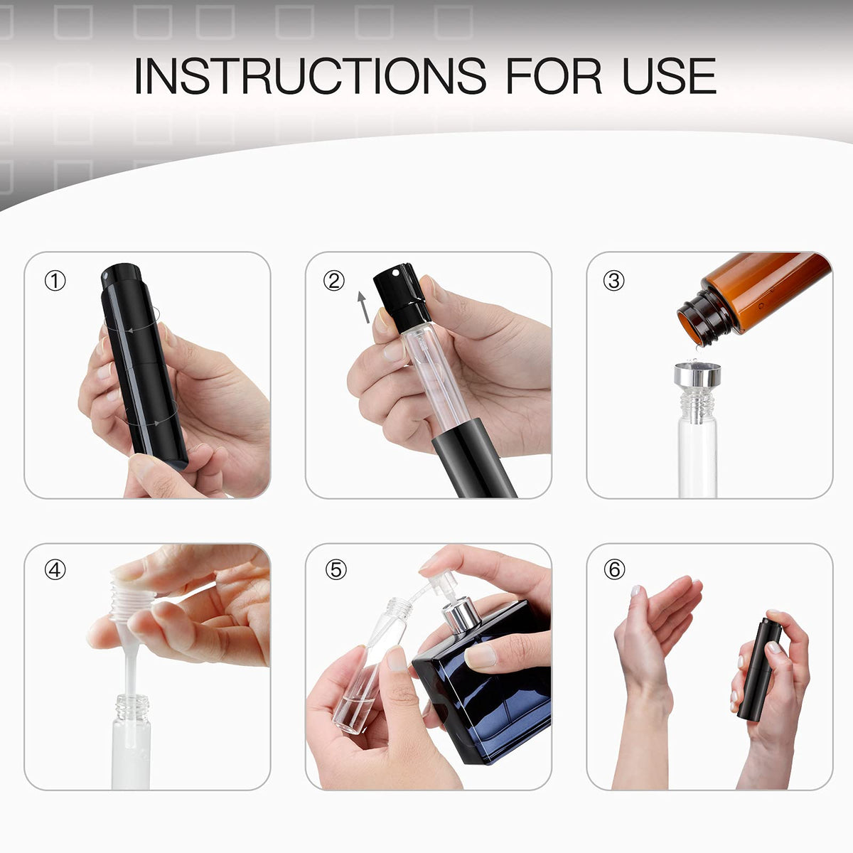 Lisapack Botella atomizadora de perfume de 8 ml para viajes (paquete de 2), dispensador de colonia vacío, pulverizador portátil (negro brillante y plateado)