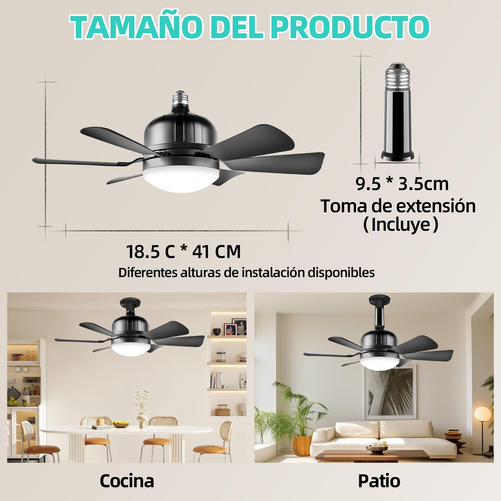 Ventilador de Techo con Luz y Control Remoto E26/E27 Negro, Brillo Regulable y Tres Velocidades del Viento 40W