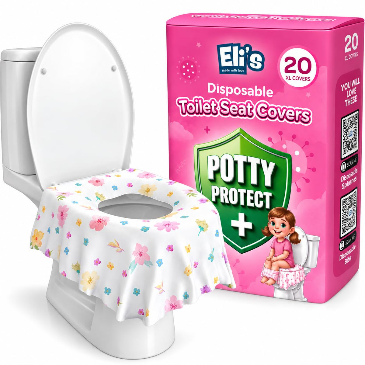 Eli with Love - Juego de 20 fundas desechables extragrandes para asiento de inodoro (floral) para niños pequeños para una cobertura completa en el inodoro o orinal - Fundas de asiento de inodoro de viaje ideales tanto para niños como para adultos