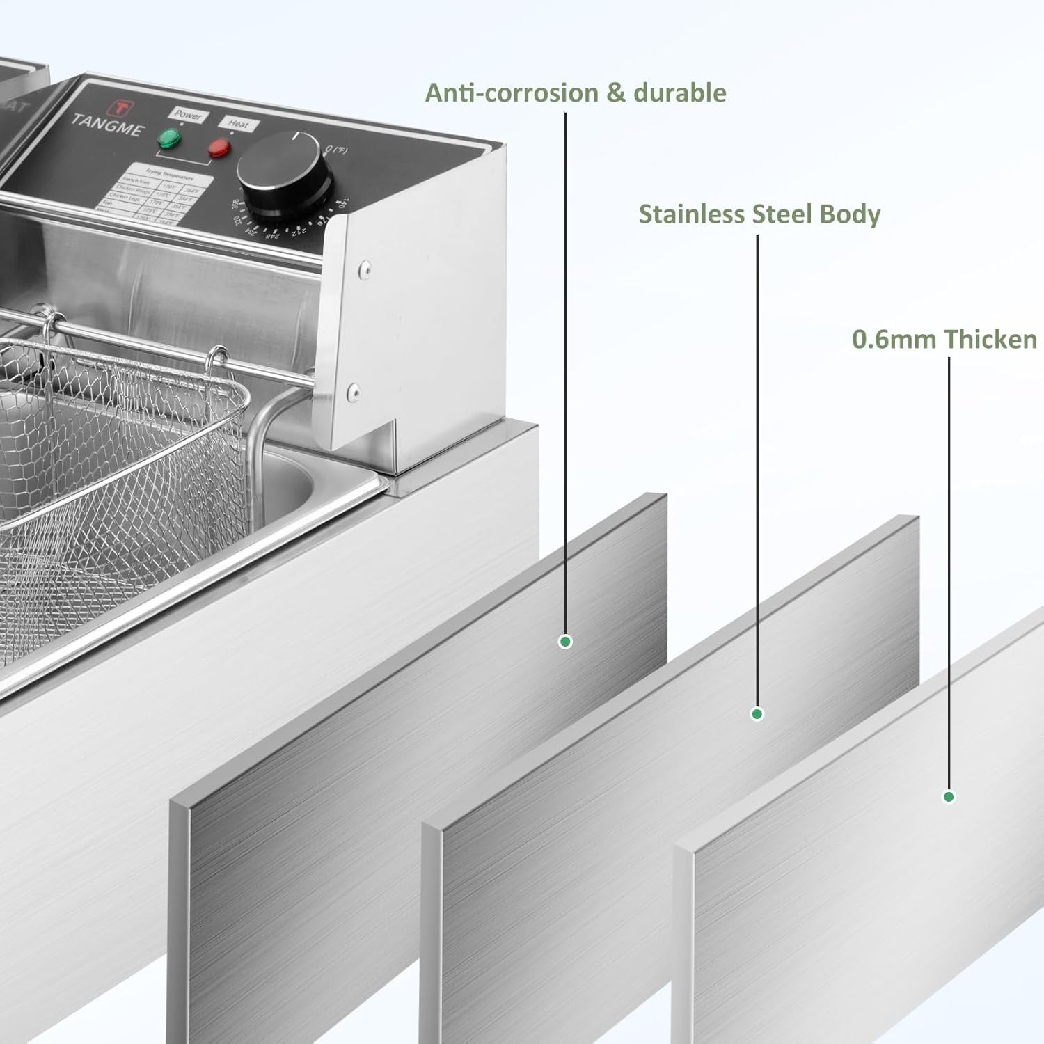 Freidora comercial – Freidora eléctrica de 3400 W con cestas de 2 x 6.35 cuartos de galón de acero inoxidable de 0.6 mm de espesor, 20.7 cuartos de galón de gran capacidad con limitador de temperatura