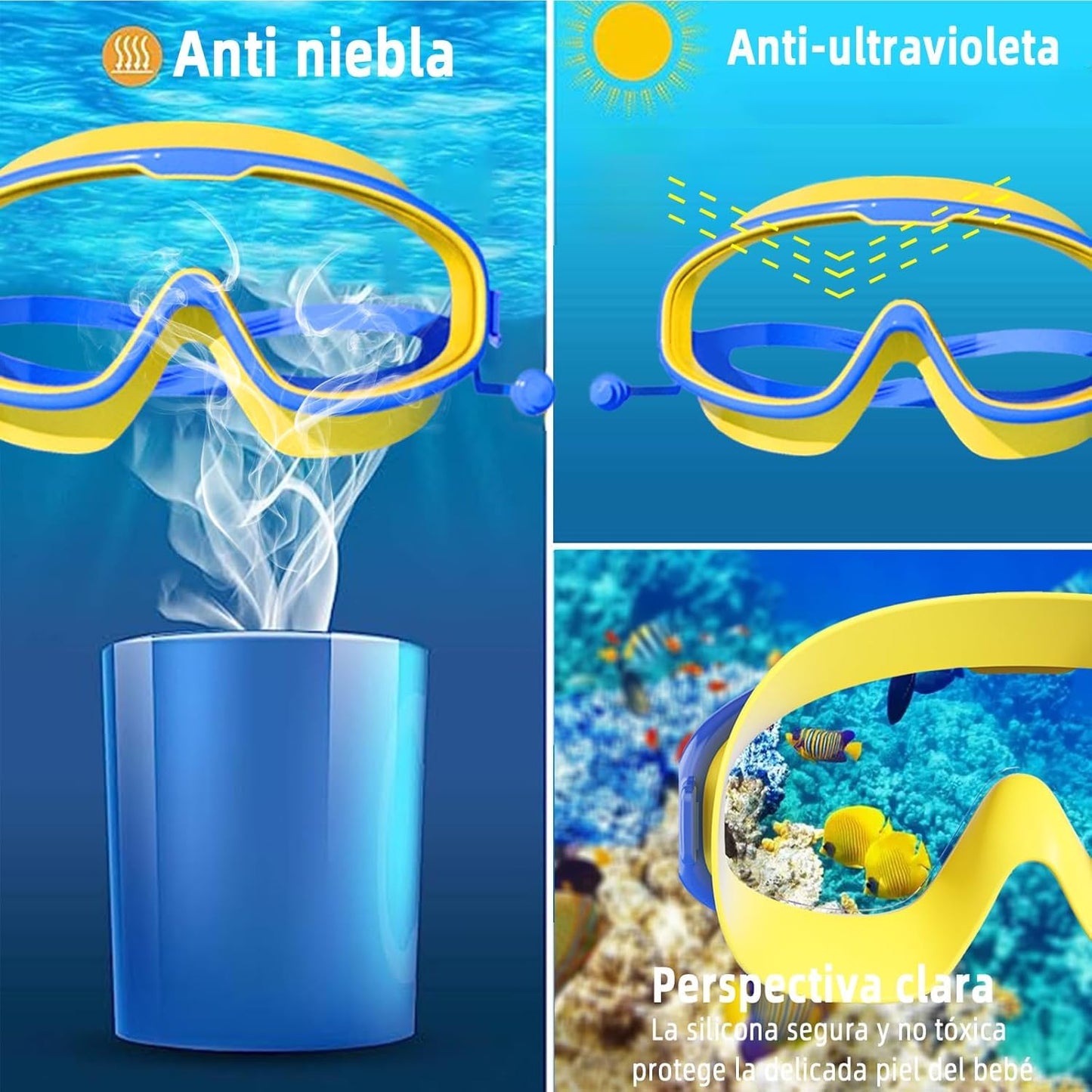 Juego de Gafas de Natación Infantil con Montura Grande y Bolsa de Almacenamiento, Protección Antivaho y UV