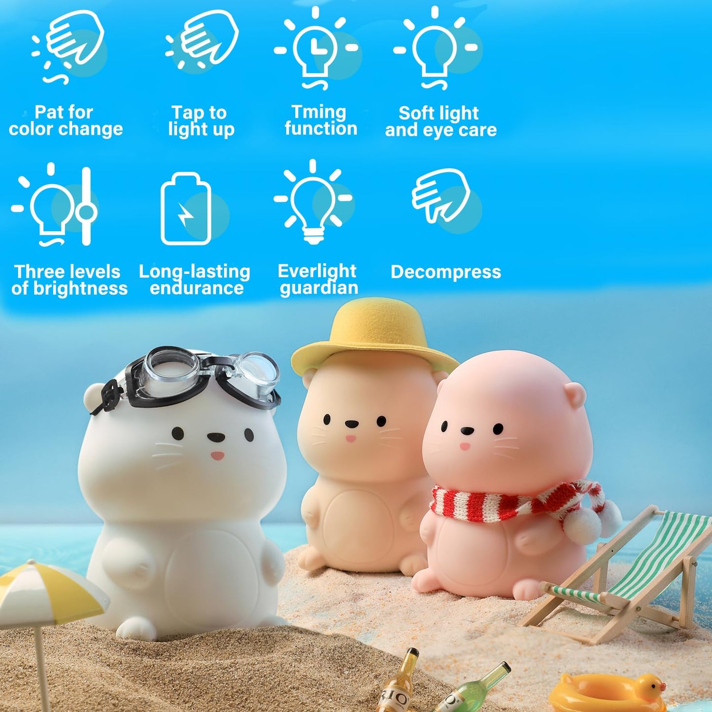 Bestfaith - Lámpara de noche con forma de nutria, luz LED blanda nocturna, regulable, para niños, lámpara táctil recargable con temporizador, decoración de recámara, regalos divertidos para niños