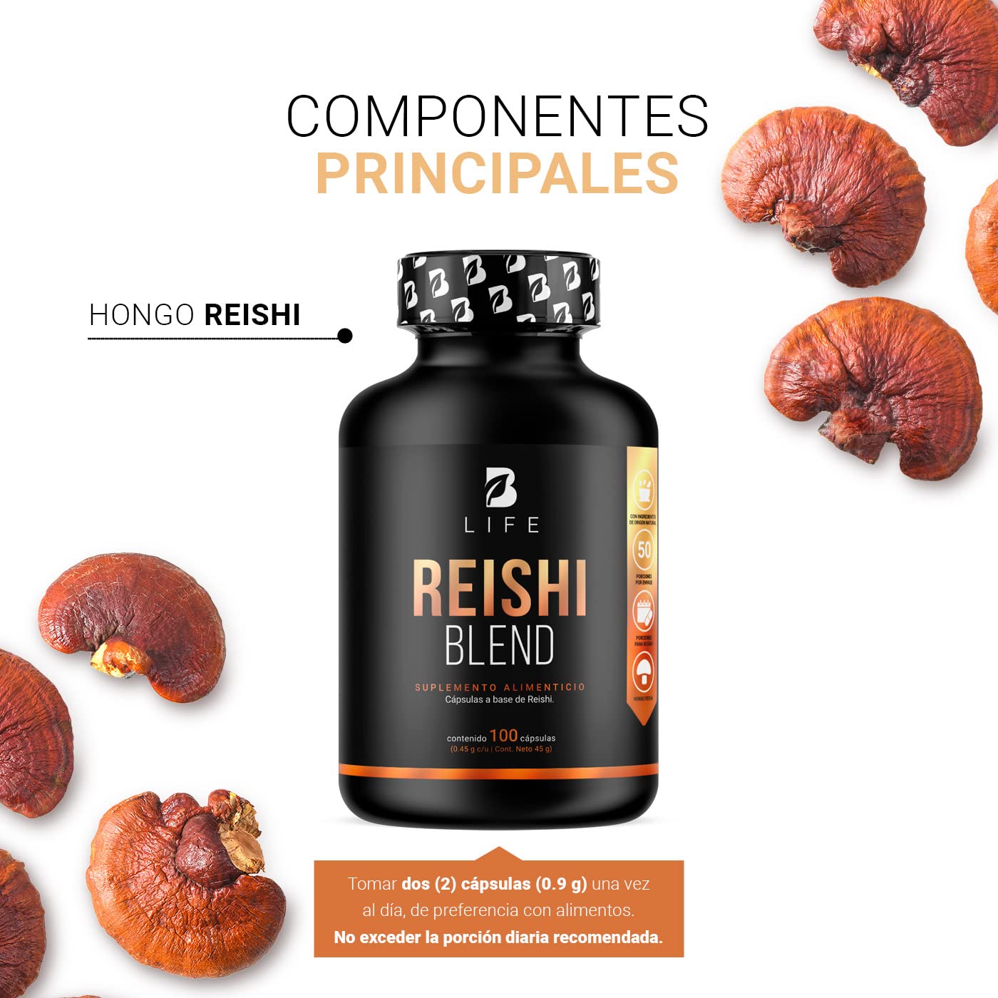 Hongo Reishi (Ganoderma) |Adaptogeno de 100 Cápsulas. Ingredientes naturales. Reishi Blend B Life.