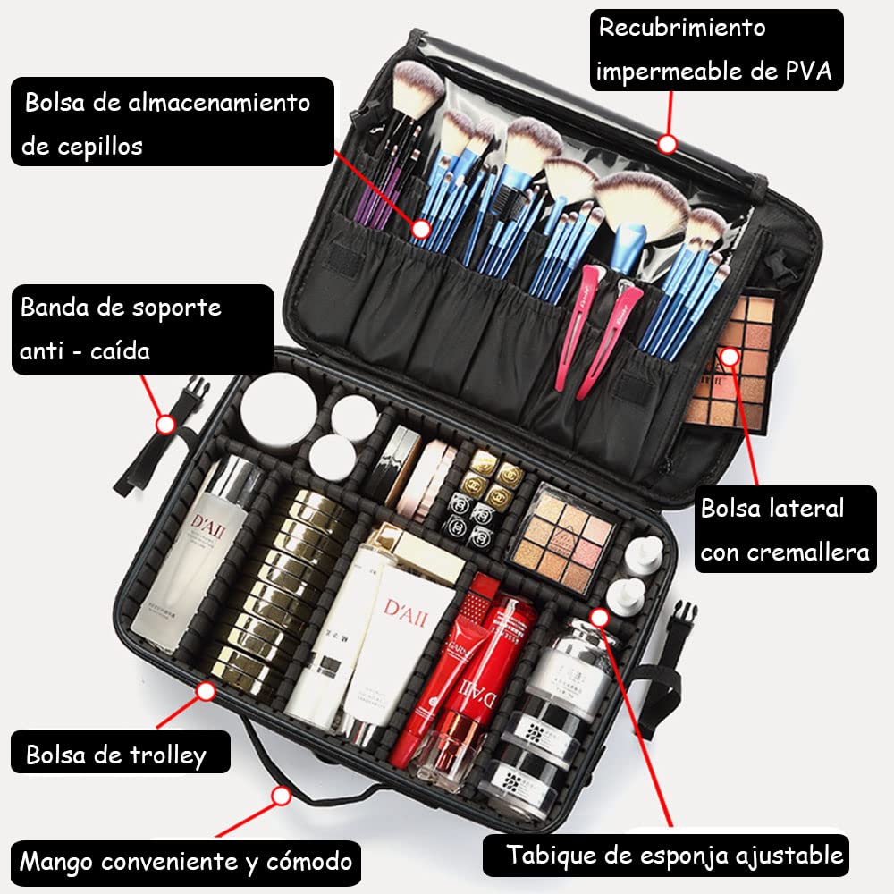 Bolsa de Maquillajede Viaje Estuche Organizador - Bolsa de Cosméticos Impermeable Portátil con Hombro Ajustable y Divisor Ajustable para Pinceles y Herramientas de Belleza (3 Layer, 40x29x13cm,Negro)