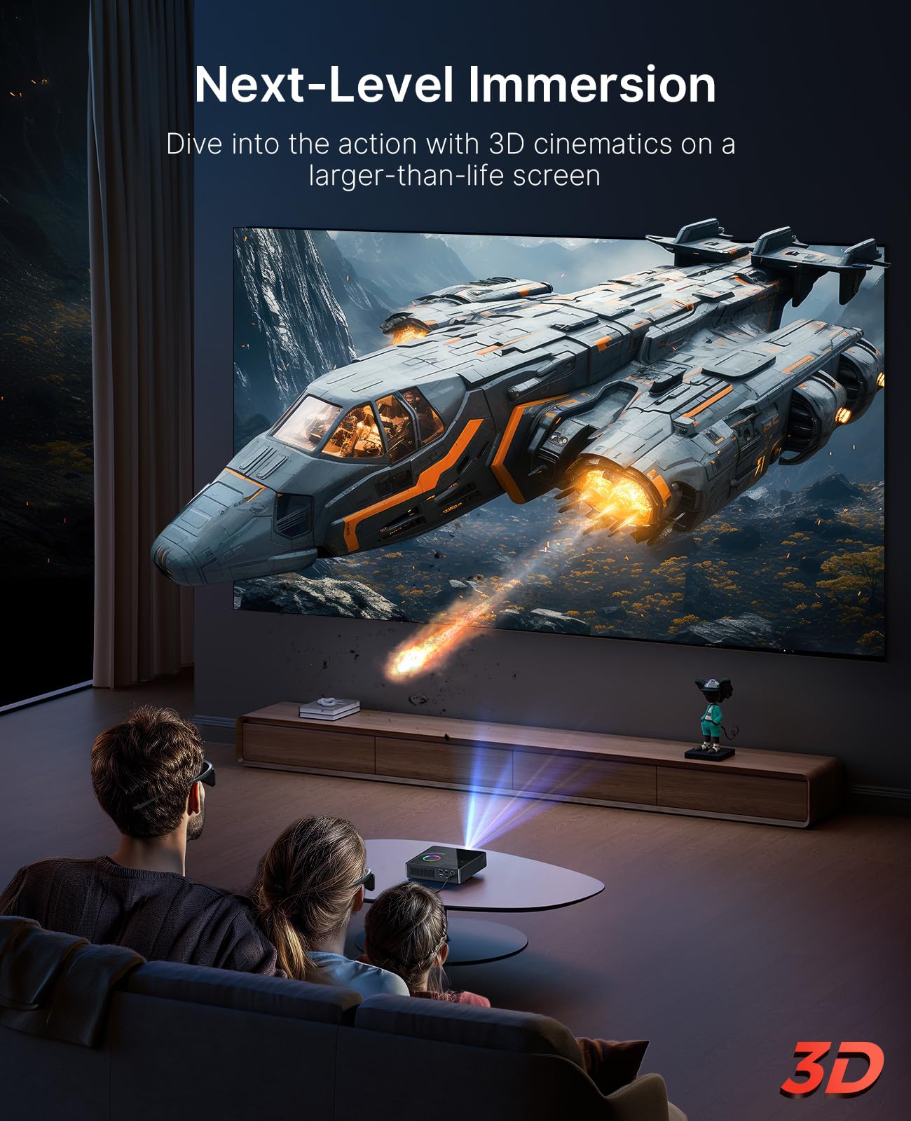 NexiGo Nova Mini, proyector láser portátil, Google TV con Netflix, 1080p FHD, 1200 lúmenes, Contraste de 15000:1 con SAE, 3D, configuración automática, Pantalla de 150", Dolby Audio de 8 W