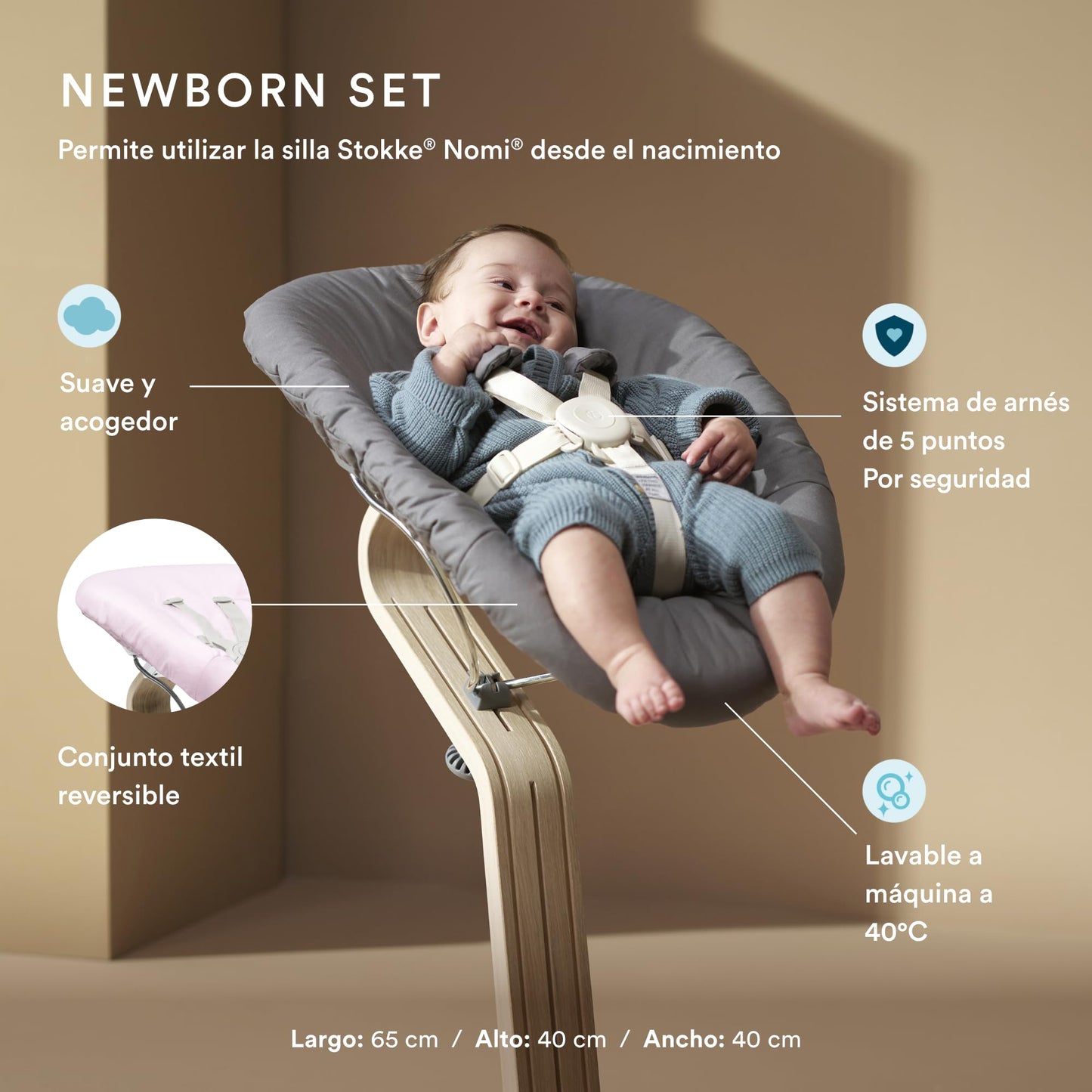Stokke Nomi Silla (Blanca) + Newborn Set (Blanco/Rosa Grisáceo) - Incluye un Arnés de Seguridad de Cinco Puntos y Un Set de Tela Reversible y Lavable - Soporta hasta 150 kg