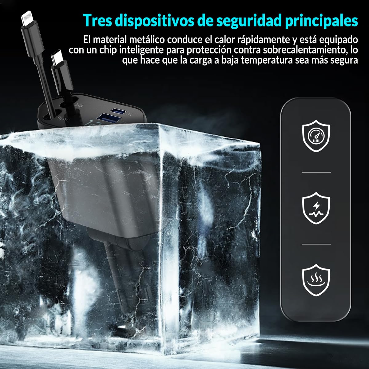 Cargador para auto, Cargador USB C 4 en 1 100W+20W Carga Rápida Accesorios para auto, Cables retráctiles (80cm) y Adaptador de Coche de 2 Puertos USB, Compatible con iPhone 15 14 13 12,Galaxy, Xiaomi