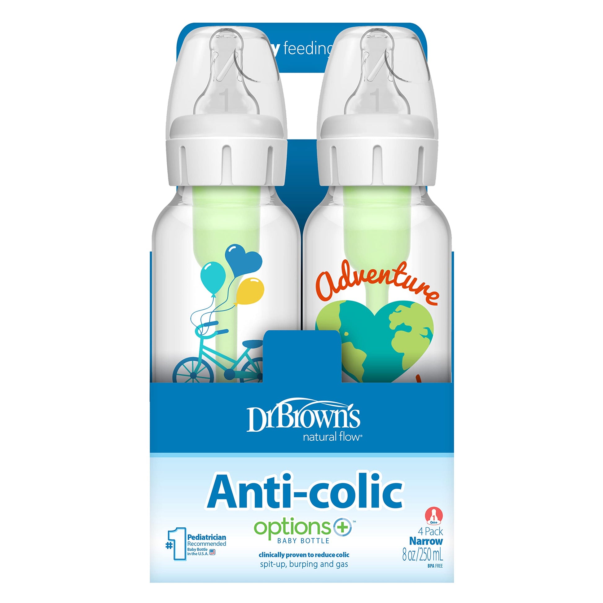 Dr. Brown's Opciones anticólicos + biberones estrechos, 0 m+ nivel 1 pezón – botella para reducir los cólicos, paquete de 4, 8 onzas, diseños de aventura de ensueño