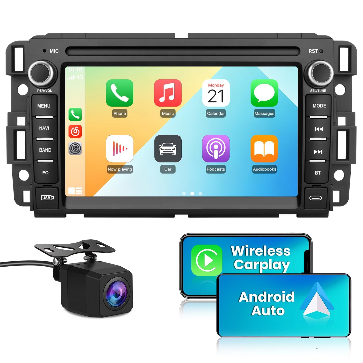 AWESAFE - Estéreo de coche para Chevrolet Silverado Tahoe GMC Sierra Yukon 2007-2013, Android 7 pulgadas visualización táctil Silverado Radio con CarPlay Android Auto Bluetooth GPS AM FM - Cámara