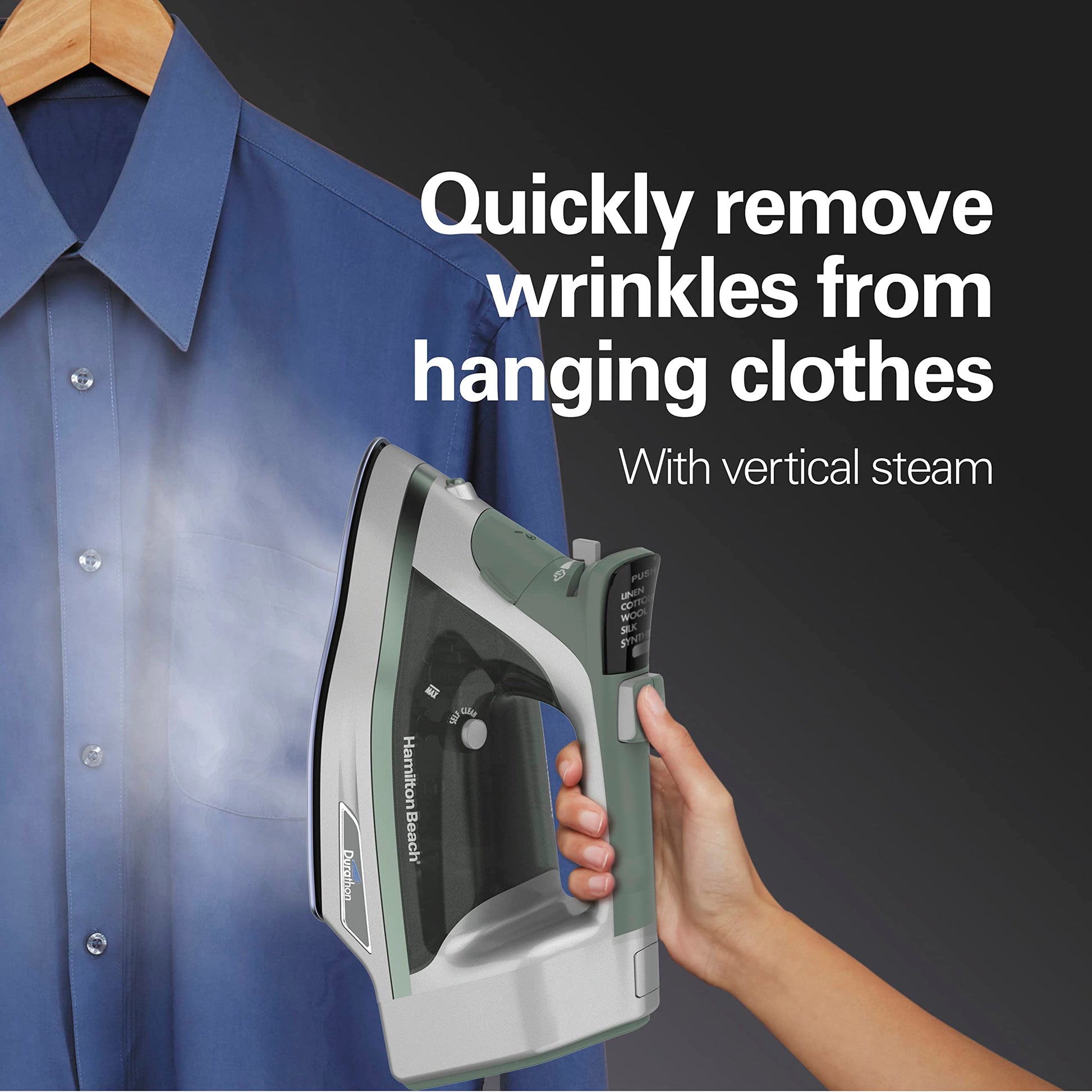 Hamilton Beach - Plancha de vapor y vapor vertical para ropa con suela Durathon resistente a los arañazos, selector de tela digital + cable retráctil de 8 pies, apagado automático de 3 vías,