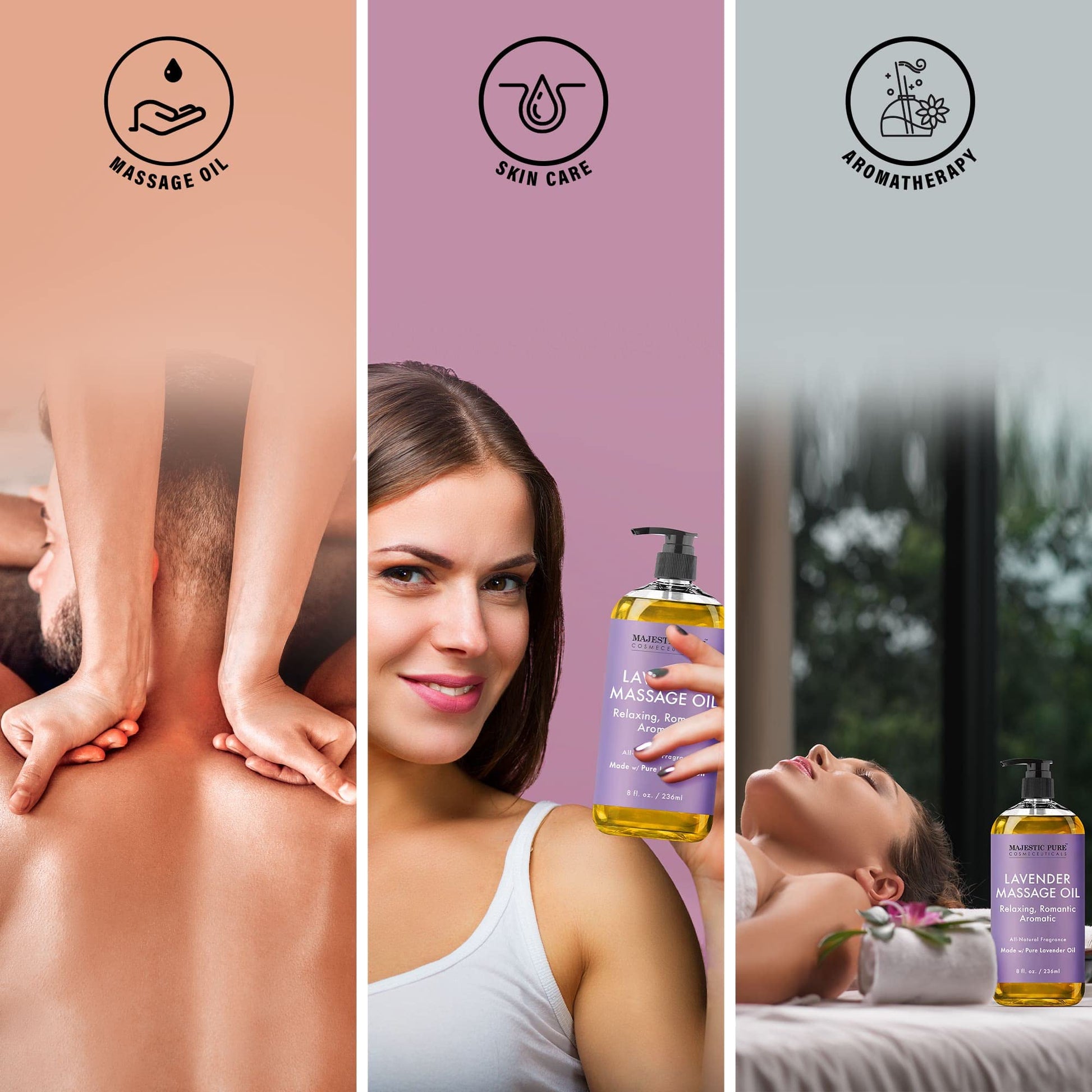 MAJESTIC PURE Aceite de masaje de lavanda para hombres y mujeres, ideal para calmar, calmar y relajarse, mezcla de aceites naturales para masaje terapéutico y aromaterapia, 8 onzas líquidas